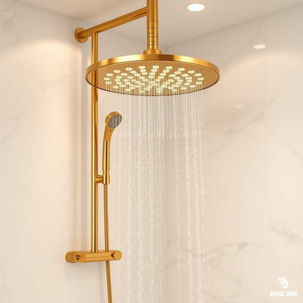 Champagne gold piano key shower system, brass construction, rainfall showerhead, elegant design, white marble bathroom background, soft golden lighting, no text, luxury fixtures, high-end product photography, 8k quality --ar 2:3