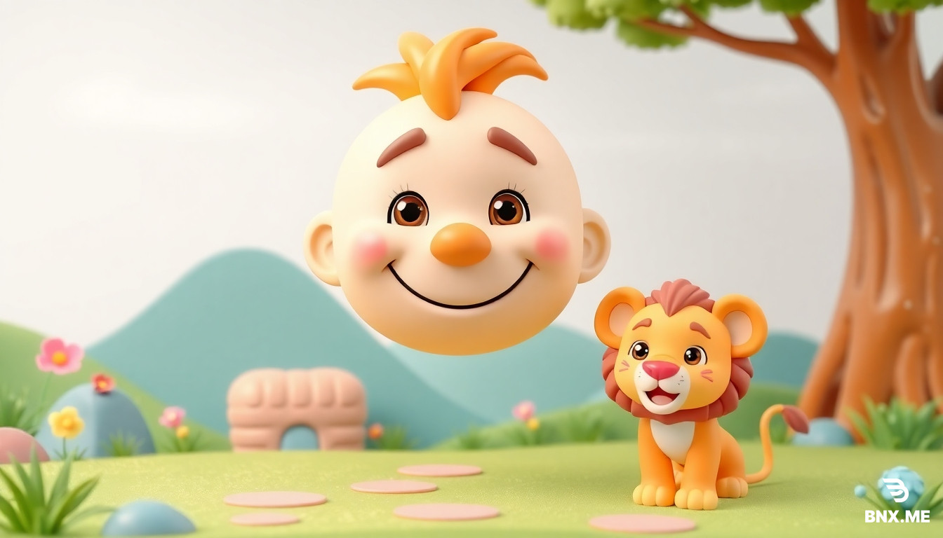 Smily face 3d model kids cartoon landscape with cartoon baby lion for a YouTube channel, family friendly. Colorful background. FOR YOUTUBE CHANNEL BANNER. 2560 x 1440 Pixels