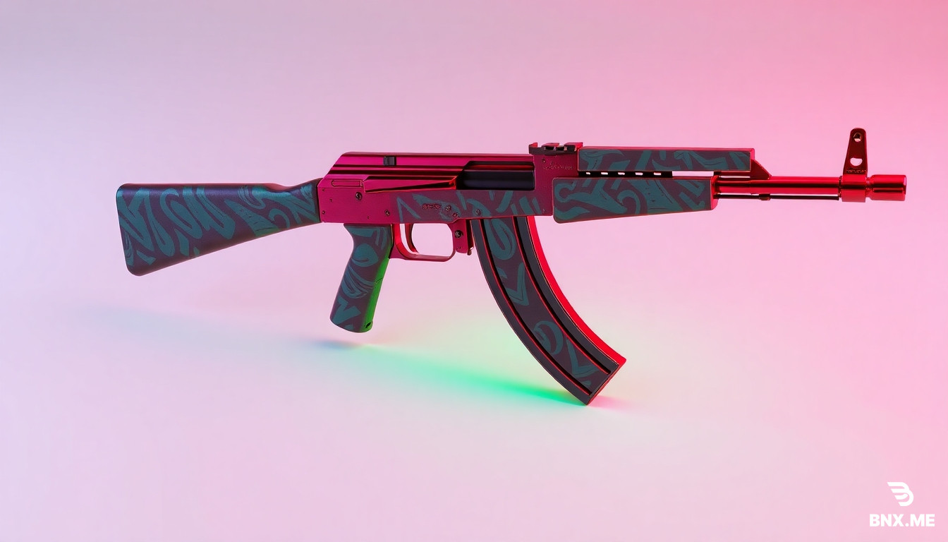 3D model AK-47 placed on a plain background. Bright model with graffiti. Bright red chrome colors. Bright green acid chrome colors.
