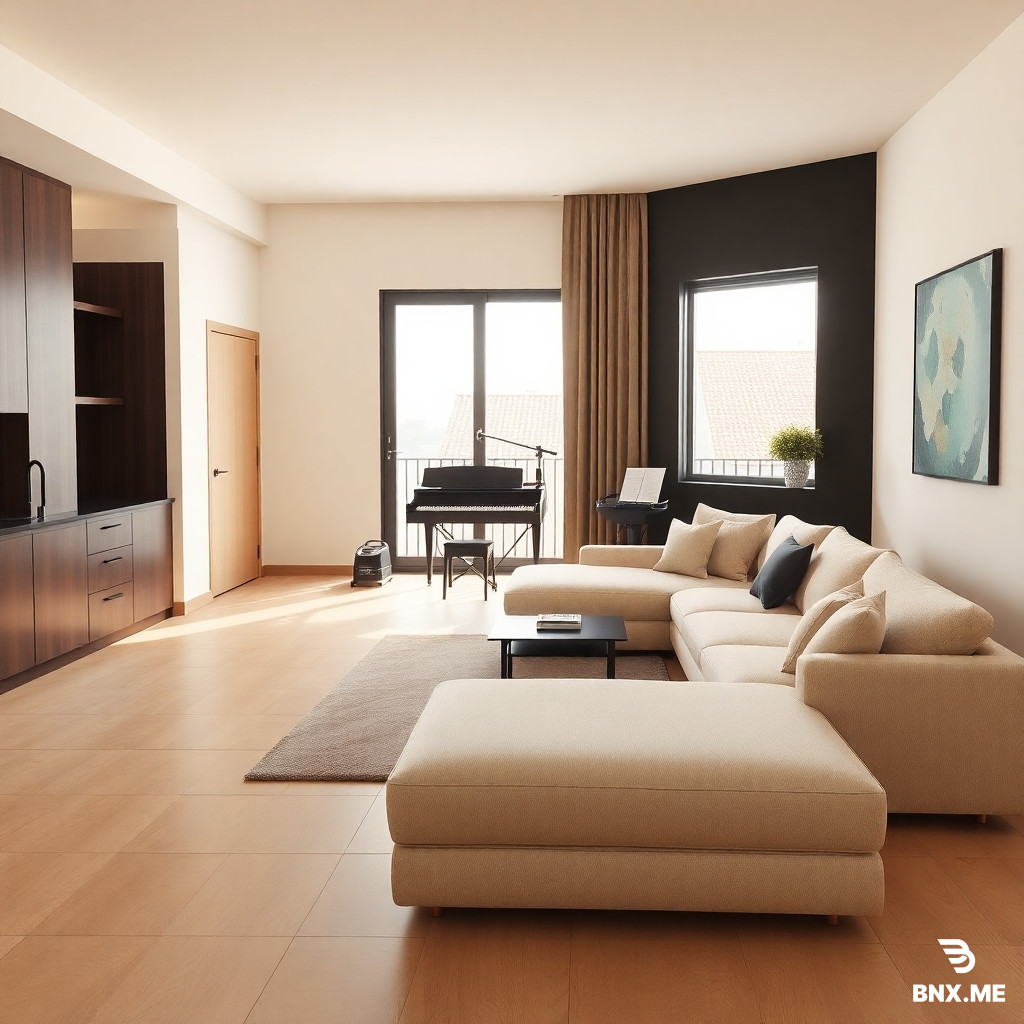 "Photorealistic 3D interior render of a modern 75 sqm apartment living room, view from the entrance. Open-plan kitchen on the left with dark wood cabinets and black metal handles. In the center-right, a large L-shaped sofa in cream-beige ('zahari') fabric, facing a large window/balcony door. Behind the sofa, a small minimalist wooden desk with a laptop and a modern desk chair, positioned near the window for natural light. In the corner next to the desk, a classic upright piano (no grand piano) in black, with a sheet music stand. Near the balcony entrance, a modern rowing machine (ergometer) in dark grey/black, placed discreetly. Floor is large-format beige ceramic tiles. Walls warm off-white with a dark accent wall behind the sofa. Natural daylight from the balcony. Earthy color palette: black, brown, beige, cream. Modern minimalist style, warm soft lighting, architectural photography, 8k, highly detailed, ray tracing."