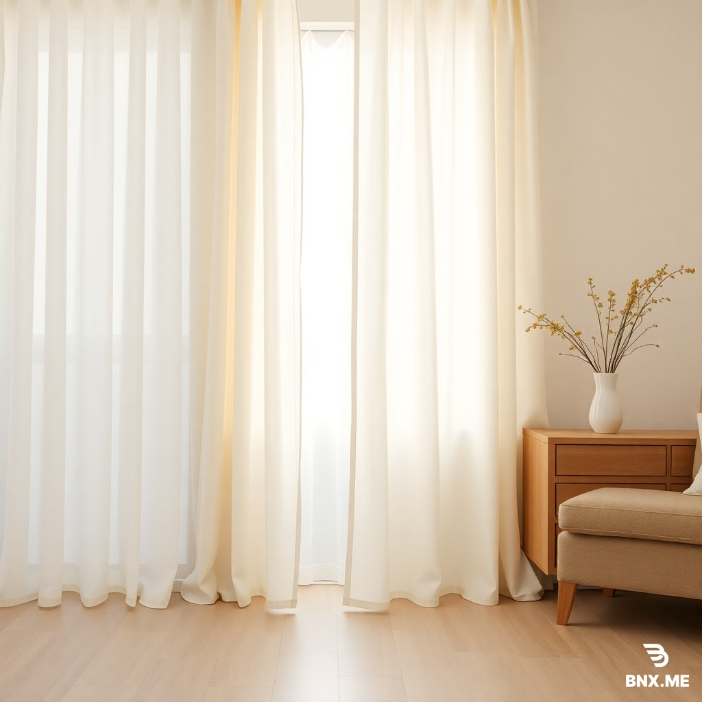 Realistic photo, 4K. Long, lightweight cream-colored curtains, slightly moving in a gentle breeze. Daylight softly passing through. Cozy, bright, spacious room. Light wooden floor. Focus on fabric texture and light transmission. Minimalist home aesthetics, warm white tones.