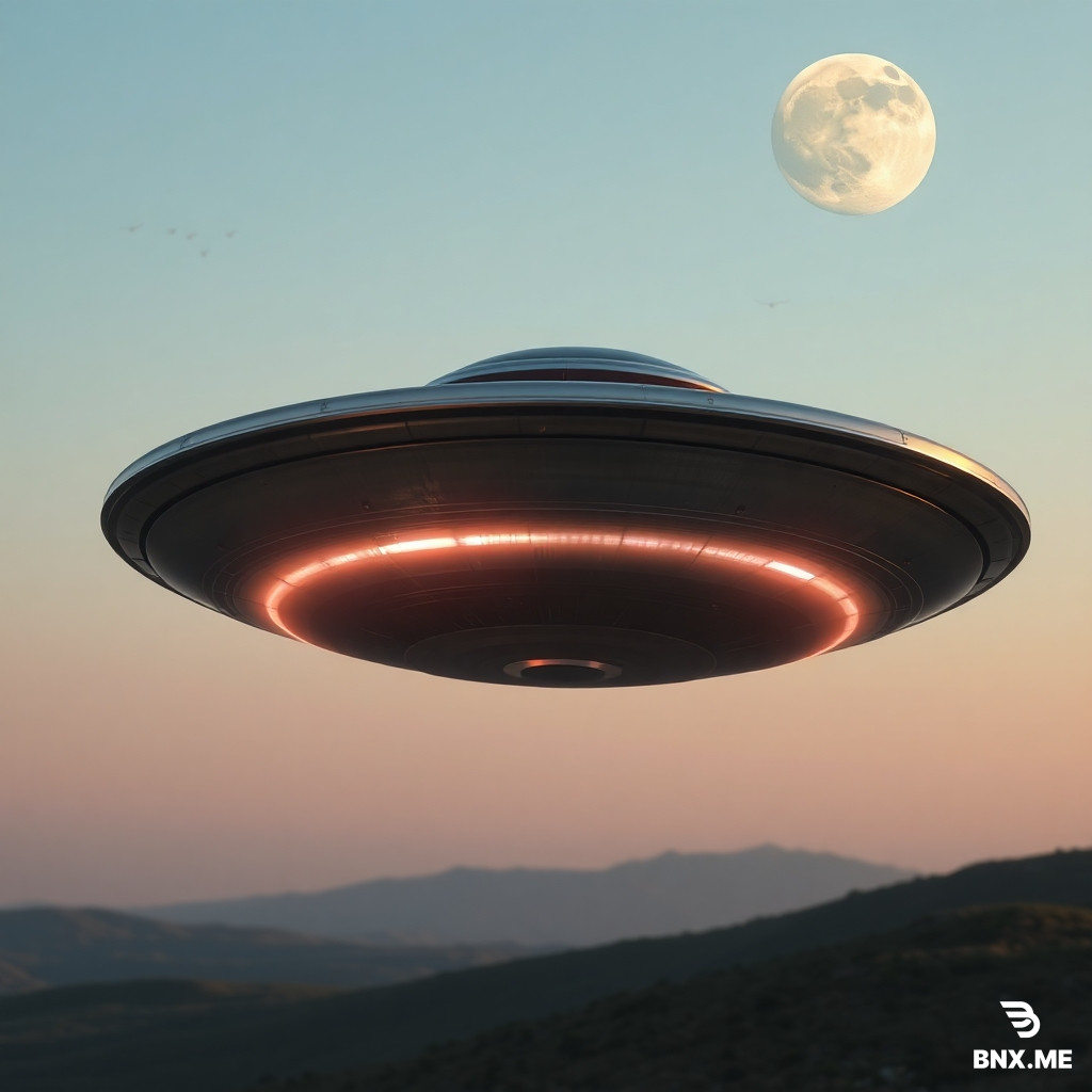Add into the sky of this landscape: a metallic flying saucer with a glowing edge (low-angle perspective, underside visible), a full moon with craters on the surface and a soft silvery glow, size proportionate to perspective, and a distant flock of small birds in a loose V-formation. All three objects must be lit consistently with the overall scene lighting (e.g., warm sunlight from the side). Photorealistic, seamless integration, 4K, natural lighting.