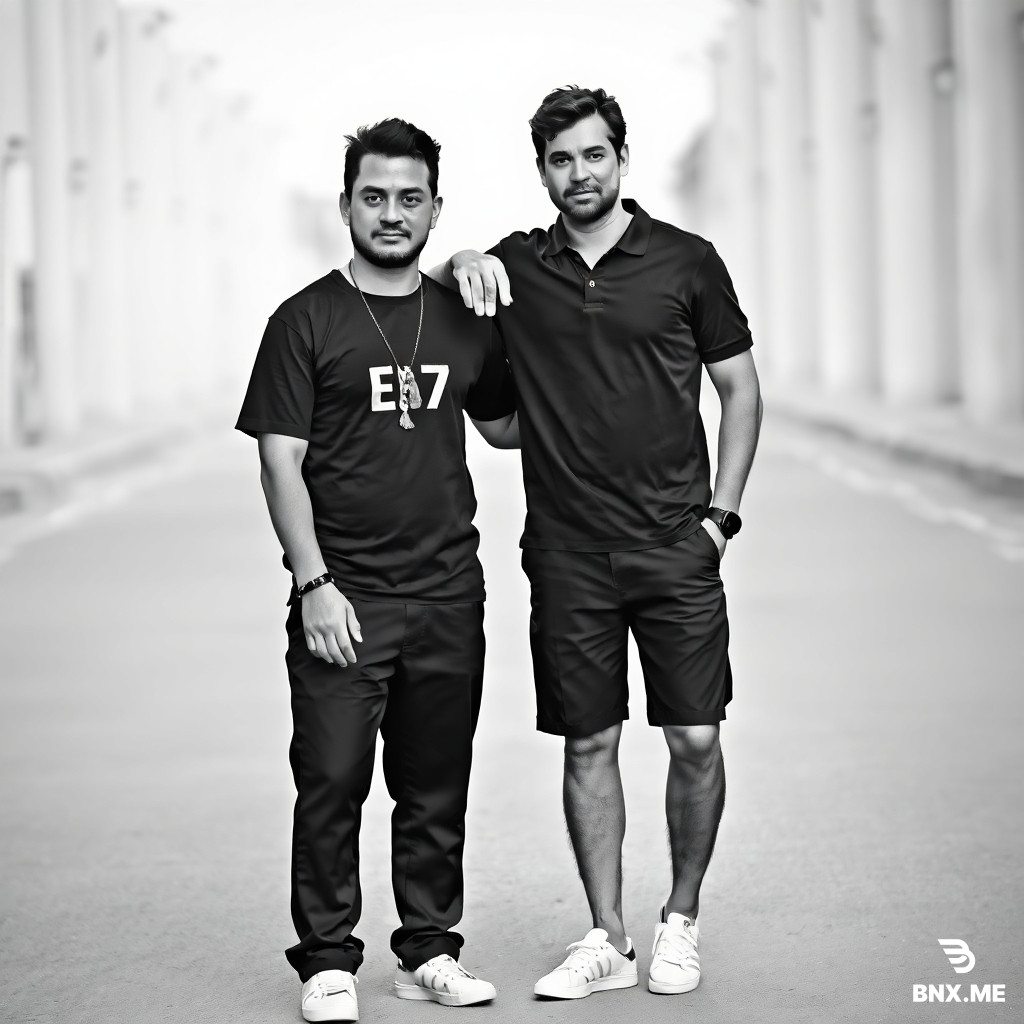 A realistic, black and white photo. Full body shot. Two adult male friends standing side by side. On the left: a tall man with a slim build, no visible body hair. He is wearing a black EA7 t-shirt and black trousers. He has a prayer bead (tesbih) wrapped around his right hand. There is a simple bracelet on his wrist. On the right: another man, who is noticeably taller than the one on the left. He has his arm placed casually on the left man's shoulder. He is wearing a black collar shirt (polo neck), dark short shorts, and clean white sneakers. Both men have a natural, casual pose. The background is a plain, empty urban street, slightly out of focus to keep focus on the men. Professional photography, 8K, high contrast, sharp focus on the subjects.