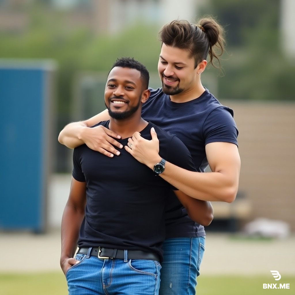 Tall strong woman picks up a short man from behind