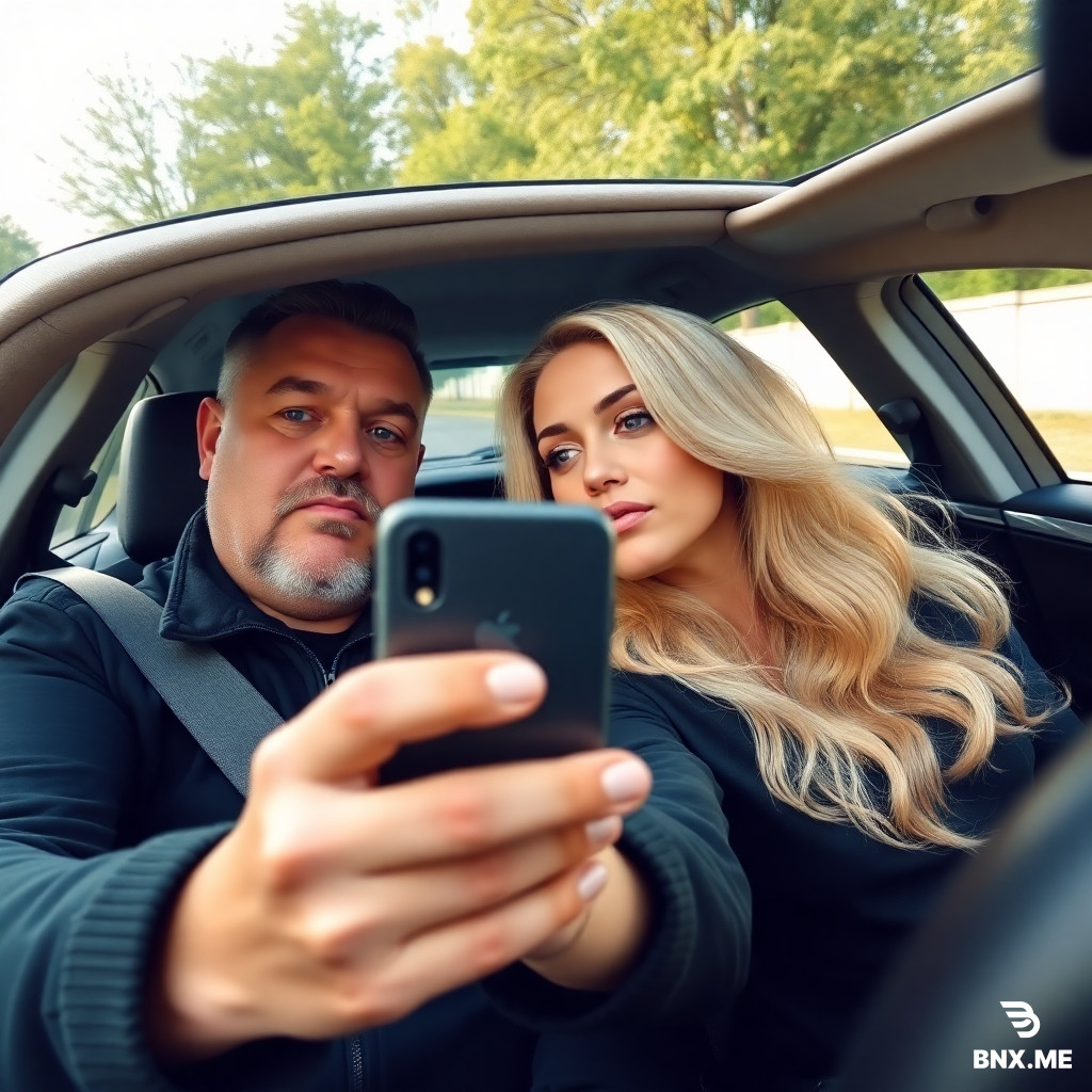 A blonde woman taking a selfie. But while taking that selfie she looks at her phone exactly . She has big operational lips and tits . She is with an ugly ,fat man with a mustache. They are inside a BMW latest model . The man is not blonde . He is a traditional Turkish man.The woman forwarding her lips front like giving a kiss and looking at the phone. Do not forget . The woman has very big lips and tits Plese