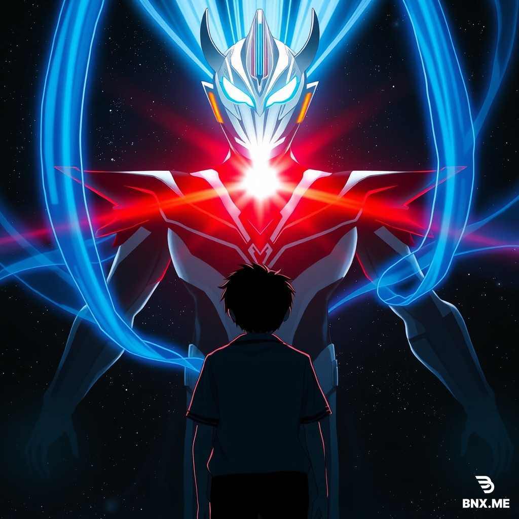 Prompt：A light novel cover art, title "Longing to Become Nexus". A silhouette of a normal teenager in school uniform looking up at the giant silver, black and red Ultraman Nexus silhouette in the sky. Blue light ribbons floating in the sky, Nexus's chest core emitting a blinding red light. Epic cinematic lighting, strong backlight, dark starry sky contrasting with the holy light. Movie poster quality, 8k resolution, masterpiece. --ar 3:4