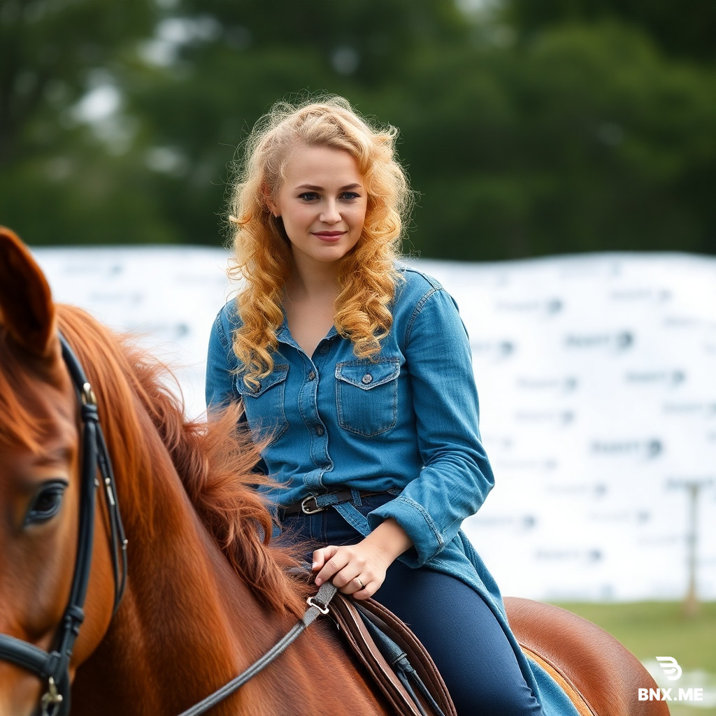 a short curly blonde german woman is riding on horse