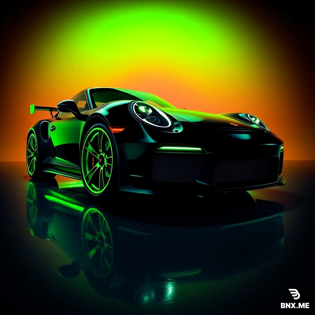 Black Porsche 911 GT3 RS, dramatic 3/4 front angle. Neon-green rims, neon-green brake calipers, neon-green interior glow. Bright neon-green gradient backdrop and glossy floor reflection. High-end studio lighting with sharp highlights. Smooth slow orbit camera movement from left to right. Hyper-realistic detail, crisp reflections