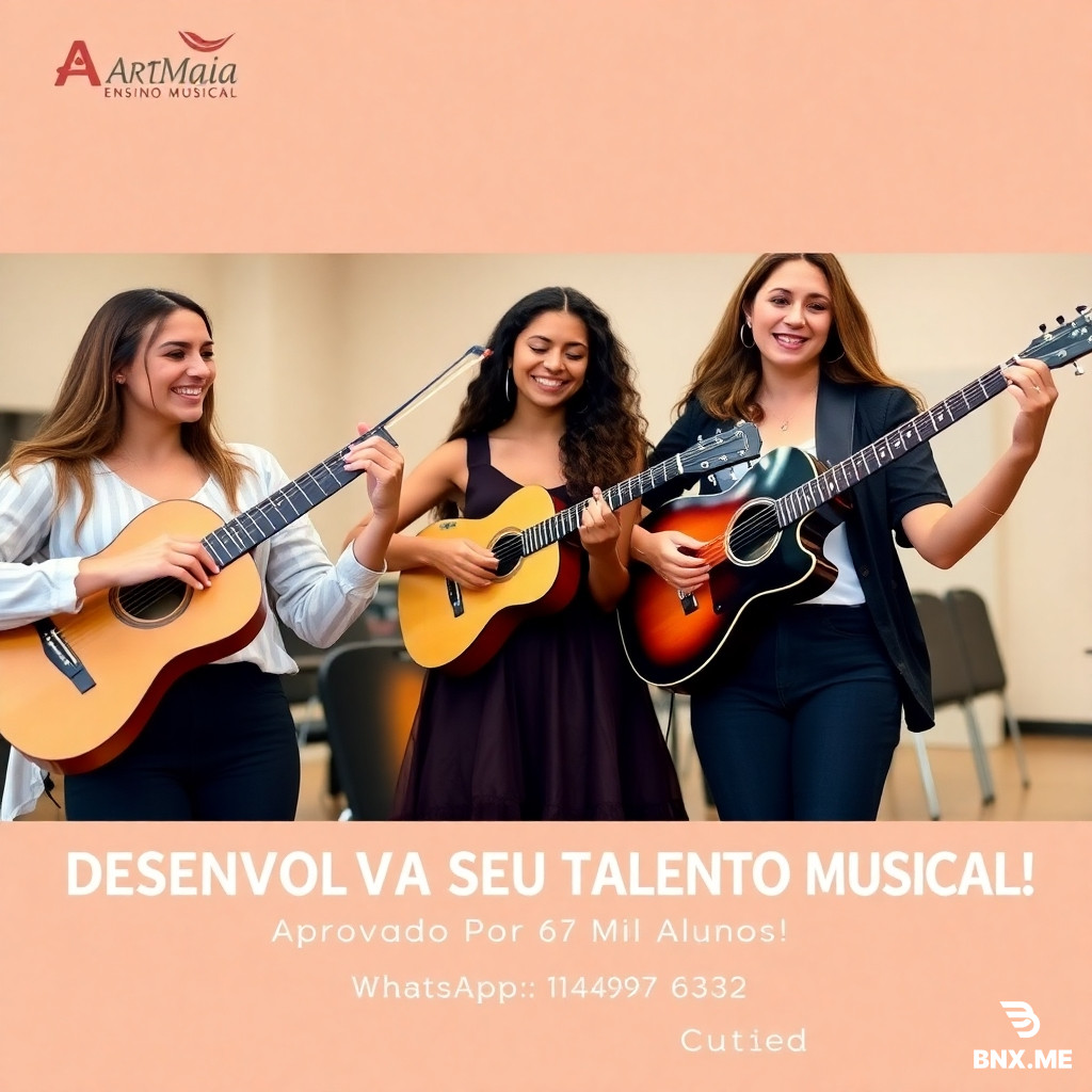 Crie um banner horizontal que possa ser reajustado para as medidas 2048x700. Imagem Sugerida:  Pessoas bonitas com roupas modernas e coloridas tocando violão acústico e guitarra elétrica com alegria em uma sala de música da "ArtMaia Ensino Musical". A imagem deve ser bem iluminada com tonalidades de fundo claras em tons de cinza claro e creme claro. A imagem deve conter a seguinte frase em destaque: "DESENVOLVA SEU TALENTO MUSICAL!", e também deverá ter as seguintes informações em destaque: "Aprovado Por 67 Mil Alunos!", "WhatsApp: (11) 94497 6832". A imagem deverá ter apenas os textos que informei acima.