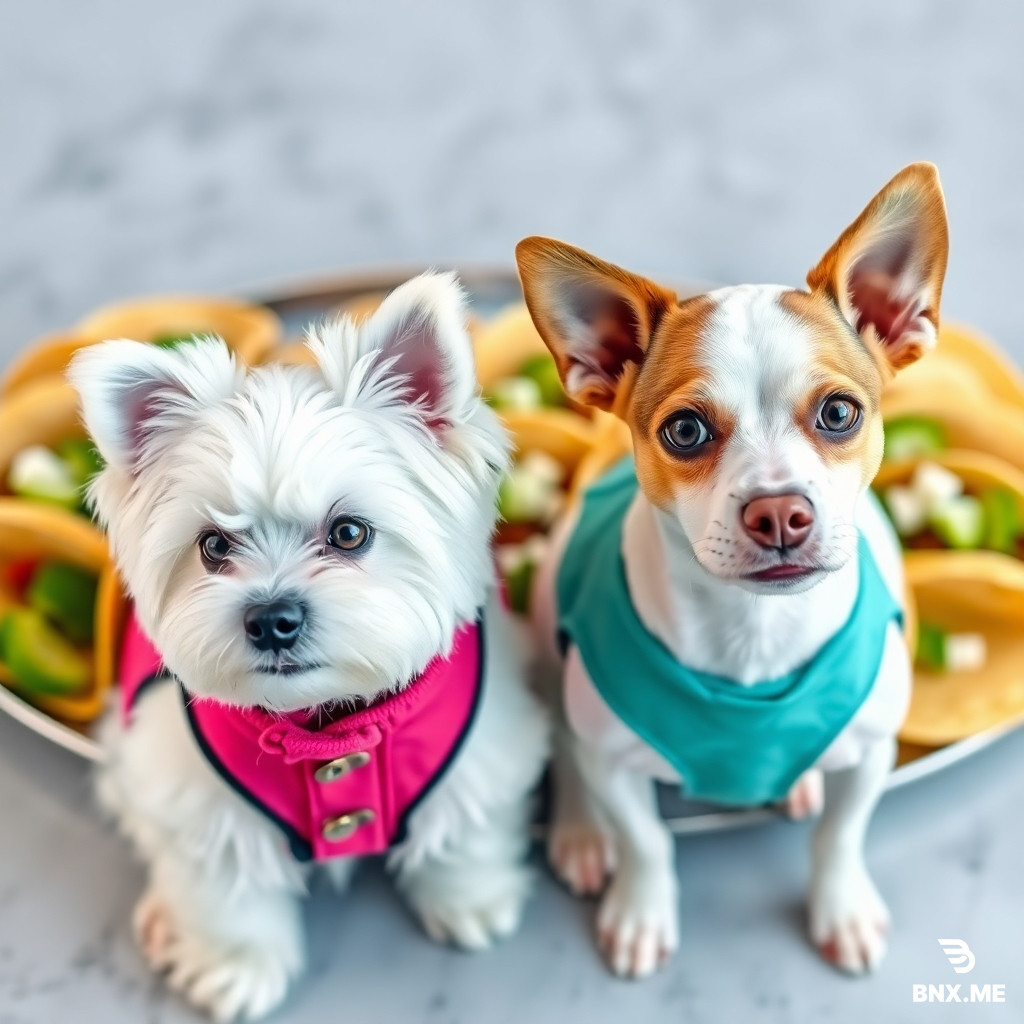 a Maltese dog (all white, long hair, fluffy, black eyes and nose, ronded teddy-bear like face) and a Jack Russel dog (all white except brown ears and eye area, a white crridor betweeen the eyes) wearing pretty dog coats in front of a platter of tacos. The two dogs should be same size but very different