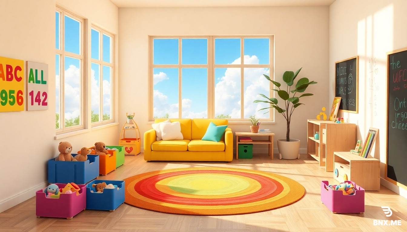 "3D animated interior scene, a warm sunny playroom with large windows showing a bright blue sky with fluffy clouds, colorful alphabet and number posters on the walls, a cozy rainbow-colored round rug in the center, brightly colored toy bins filled with wooden blocks and stuffed animals, a soft yellow sofa with cloud-shaped pillows, a low wooden table with crayons and paper scattered on it, a large potted plant in the corner, a chalkboard wall with colorful chalk drawings, warm soft lighting, Pixar/Illumination style, vibrant preschool colors, high detail, 8k resolution."