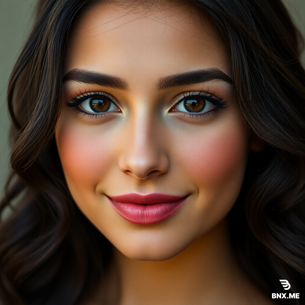 Beautiful Iranian woman, 23 years old, authentic Persian features, oval face shape, smooth olive skin, large almond-shaped dark brown eyes, long thick eyelashes, naturally arched eyebrows, straight refined nose, soft full lips with defined cupid's bow, balanced facial proportions, high cheekbones, elegant jawline, dark wavy hair, deep expressive gaze, feminine and graceful appearance, realistic beauty, naturally attractive, photogenic face, subtle natural makeup, highly detailed skin texture, symmetrical but believable features, captivating smile, timeless beauty, ultra realistic portrait, consistent facial identity, character reference, professional photography, 85mm lens, shallow depth of field, masterpiece, high detail
