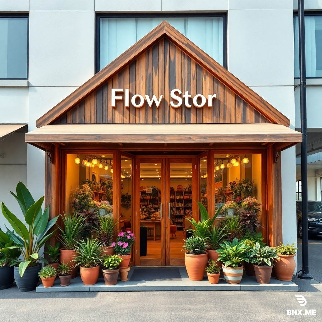 A sophisticated flower shop with boho-style wooden entrance, warm-coloured flowerpots, exotic plants outside, modern building with parking area, bright and airy atmosphere, photorealistic style