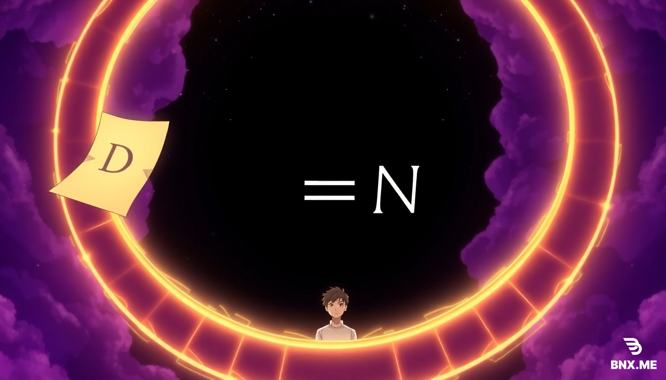 anime cinematic illustration, Makoto Shinkai style, surreal dreamlike scene, a young man trapped inside a giant glowing O-shaped circular ring, mathematical equation on floating paper showing D as equals sign and N as unknown variable, dark void background with stars, the ring is both a cage and a halo, symbolic and artistic, purple and gold color palette, widescreen 16:9 composition