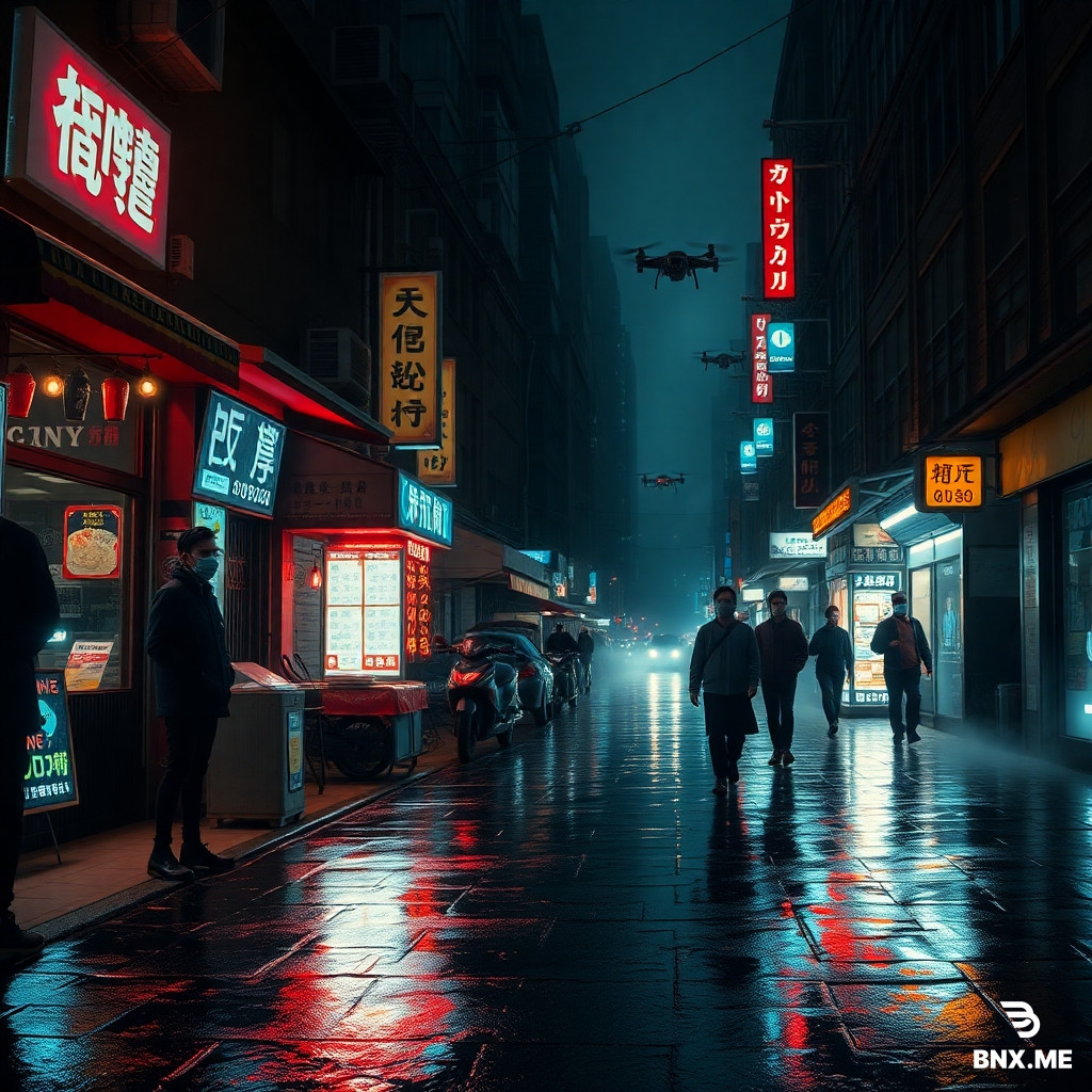 Cyberpunk rainy street at night, neon reflections on wet asphalt, street vendors with hologram menus, people wearing tech-augmented masks, steam rising from vents, drones scanning the street, heavy atmosphere, cinematic lighting, ultra-detailed, gritty dystopian mood.