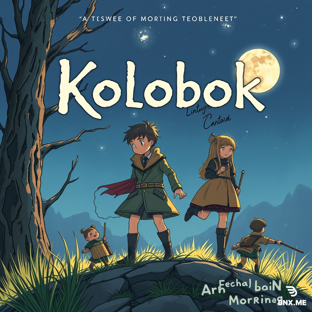 A cover for the book “Kolobok,” featuring the main and secondary characters, morning.