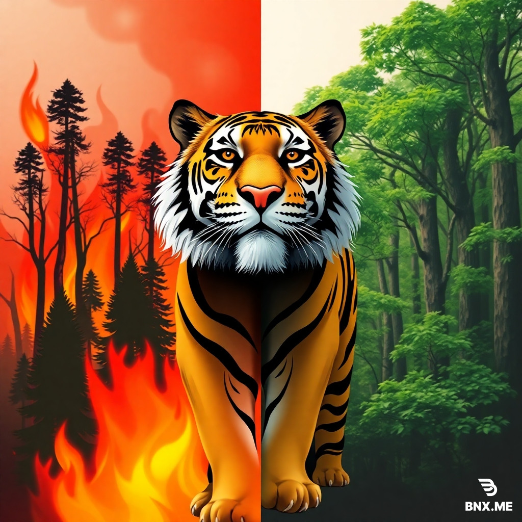 A stylized portrait-oriented depiction where a tiger serves as the dividing line between two contrasting worlds. To the left, fiery reds and oranges dominate as flames consume trees. To the right, a rejuvenated forest flourishes with fresh green foliage. The tiger, depicted with exaggerated and artistic features, stands tall and undeterred, symbolizing nature’s enduring spirit amidst chaos and rebirth.