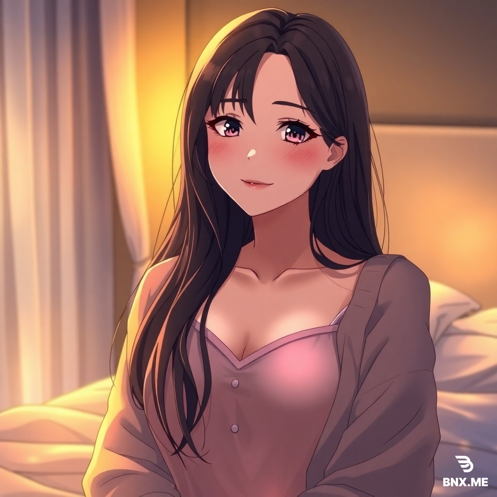 masterpiece, best quality, anime style, attractive adult woman, mature appearance, bedroom setting, dim ambient lighting, warm golden glow, half-lidded eyes, lingering eye contact, soft blush, slightly parted lips, faint teasing smile, relaxed breathing, gentle head tilt, confident posture, elegant body language, silky long hair, smooth skin, delicate facial features, subtle makeup, fitted satin pajama top, loose cardigan slipping slightly from one shoulder, fully clothed, natural fabric folds, intimate atmosphere, cinematic framing, shallow depth of field, soft shadows, highly detailed illustration, tasteful, suggestive, NSFW, non-explicit, no nudity, no sexual acts