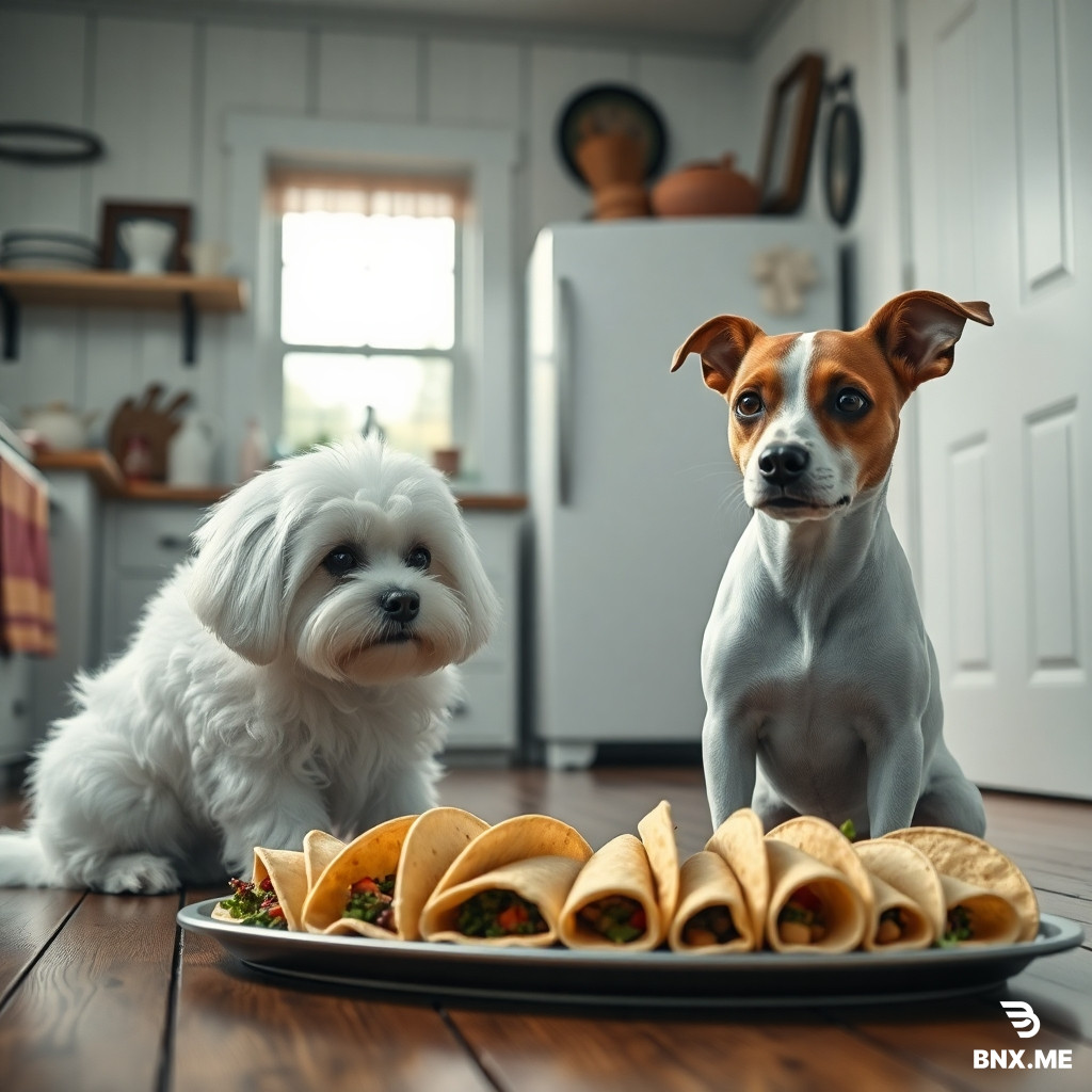 Photorealistic 1880s farmhouse kitchen, white fluffy Maltese and white Jack Russell with brown ears and brown eye patches, both sitting on floor looking at platter of folded tacos. No humans, realistic dogs