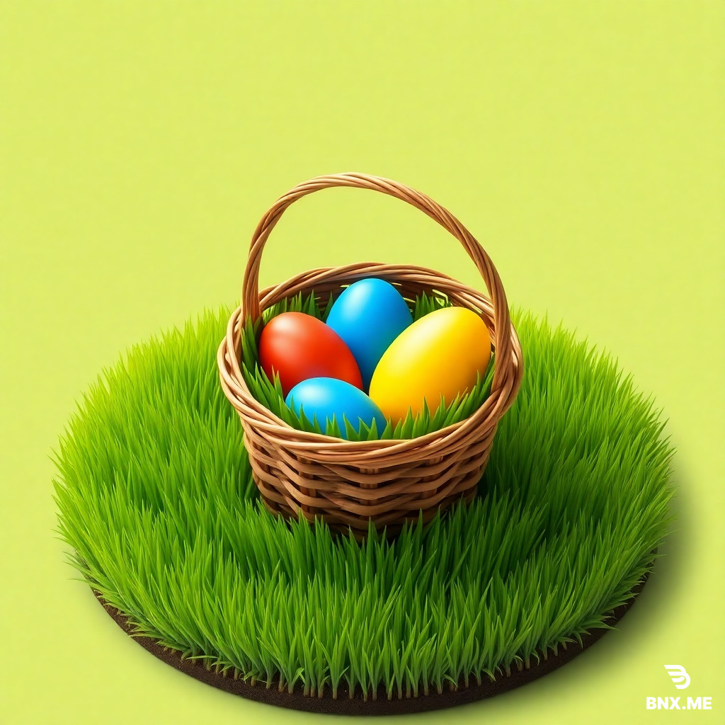 in the style of a unicode emoticon used by the signal messenger  : 3 easter eggs (colored : red, blue, yellow) within a brown basket standing on a circular patch of high green grass, using an isometric perspective