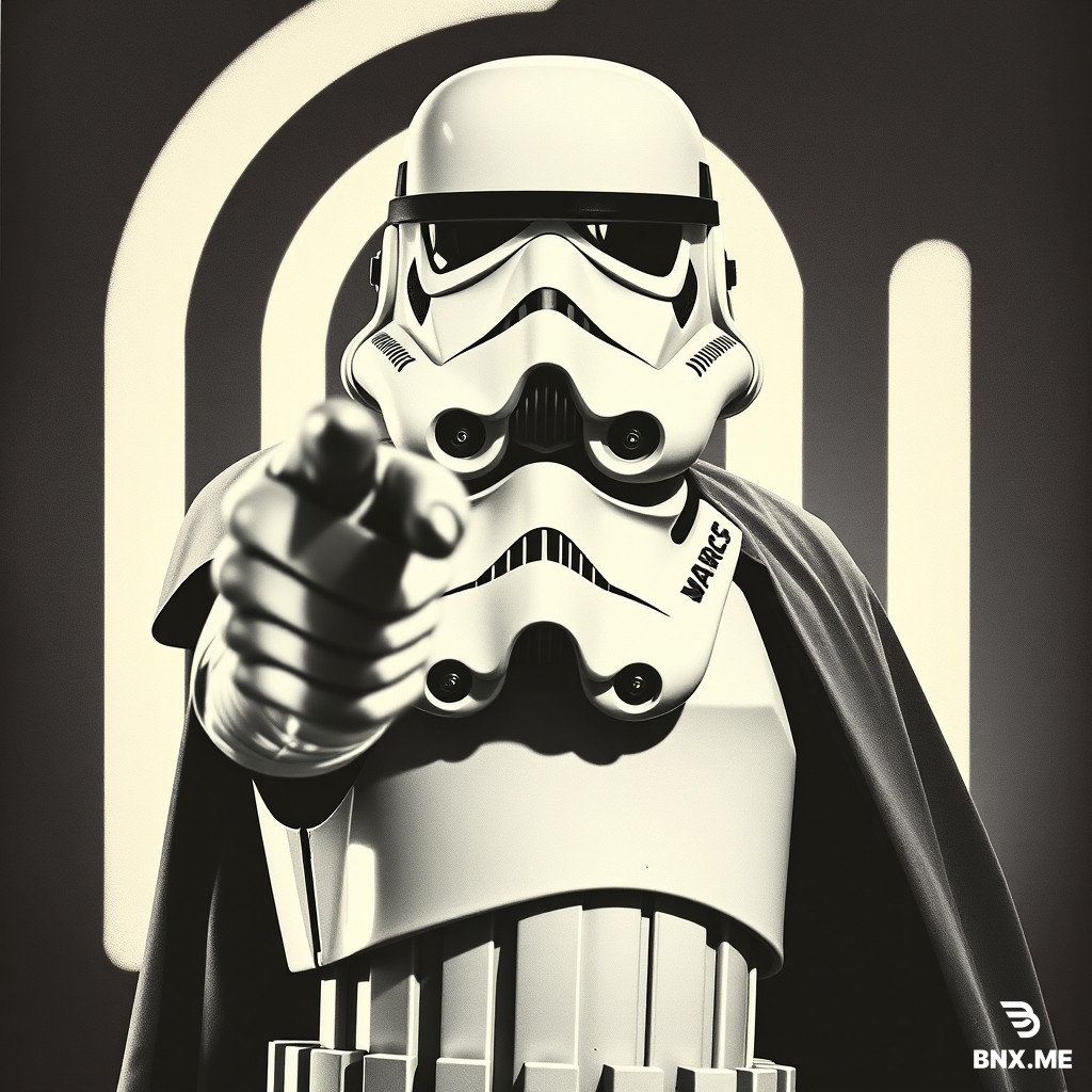 a stormtrooper pointing right at the viewer in the same style as the ww2 propaganda posters with uncle sam