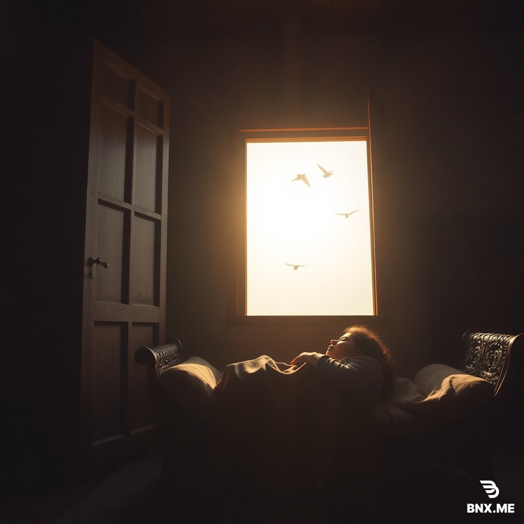 Wide shot, warm morning sunlight streaming through wooden window, birds flying in soft blue sky, old traditional Pakistani house interior, a young woman sleeping peacefully on a charpai, soft focus, golden hour lighting, cinematic, 8k, photorealistic