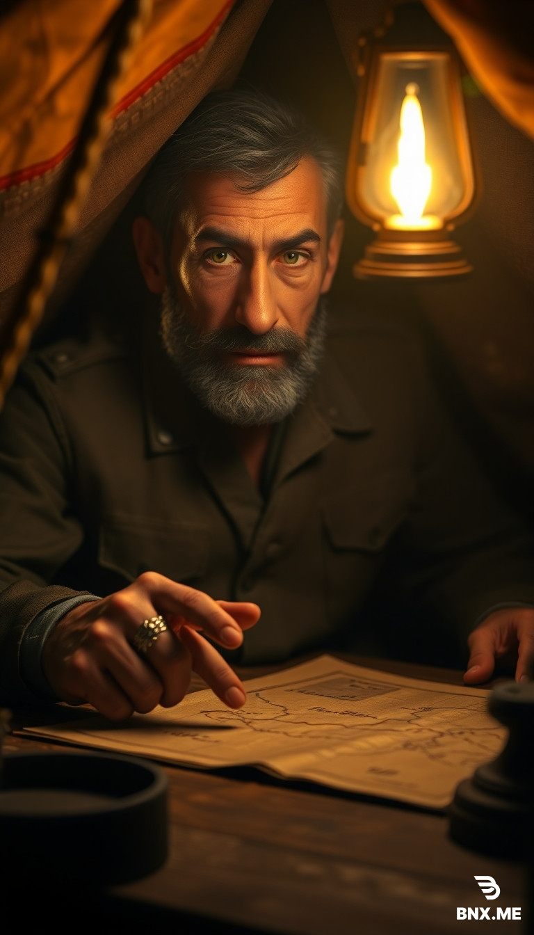 Visual Prompt: A close-up, dimly lit 3D scene inside a makeshift tent. An explorer’s face, illuminated by a flickering oil lamp, looks stressed and arrogant. He is pointing at a hand-drawn map on a wooden desk, trying to sketch a map of "Sheba’s Palace." Dust motes dance in the light. Gritty, moody, documentary style, cinematic depth of field.