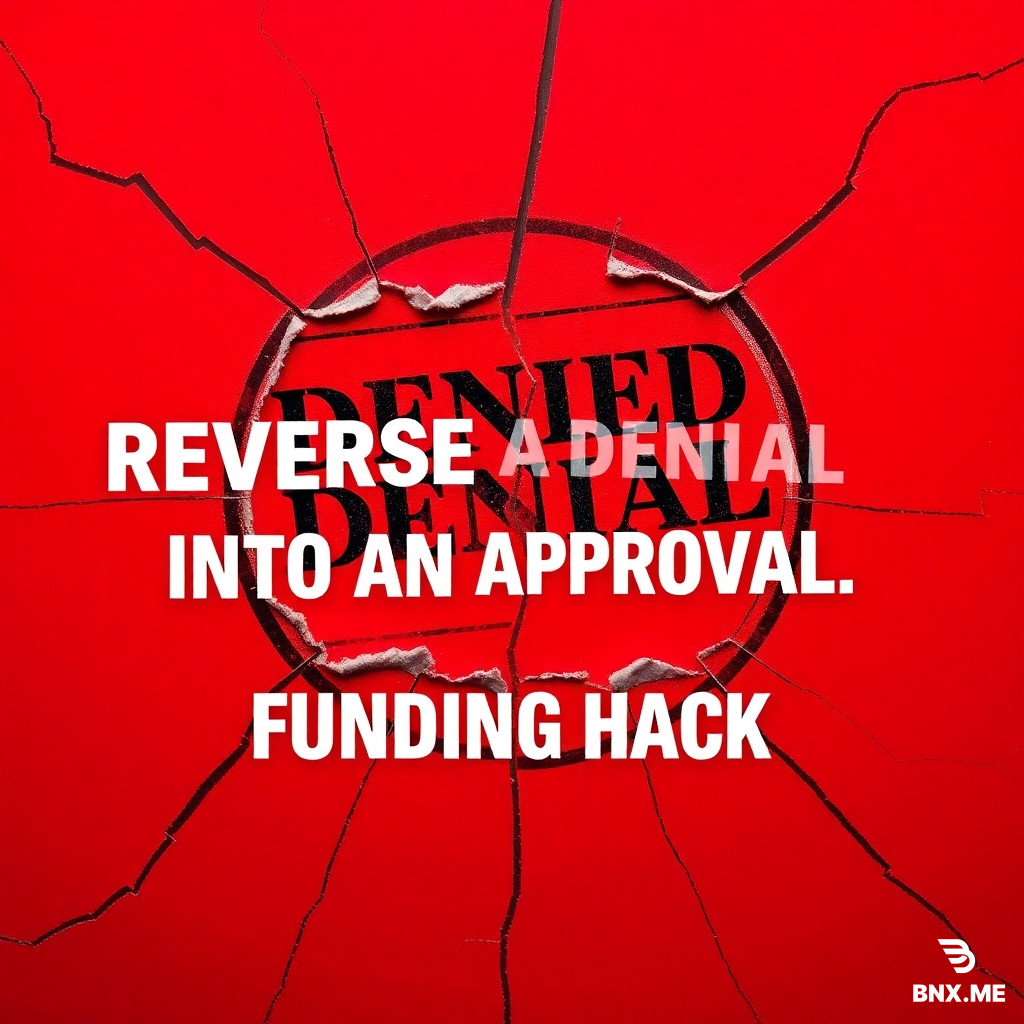A bold, high-contrast Instagram carousel square image (1:1 ratio). Background is bright red. In the center, a large cracked "DENIED" stamp breaking apart as if shattered. Over the crack, bold white uppercase text: "REVERSE A DENIAL" then below in larger font "INTO AN APPROVAL" and at the bottom "FUNDING HACK". Text style: gritty, impactful, sans-serif. No people. No logo. Dark red cracks radiating outward. Edgy finance social media style.