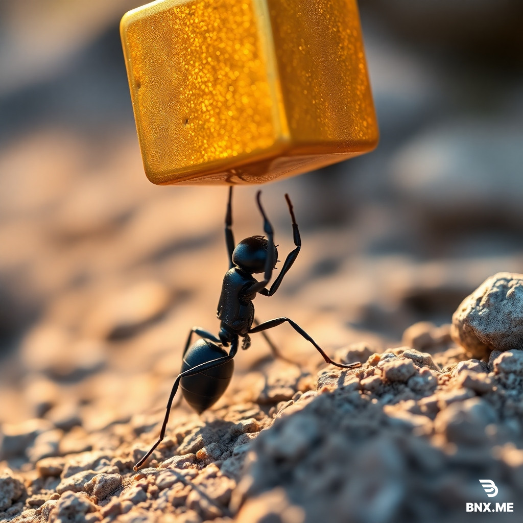 A hyper-detailed macro photograph of a black ant standing on rough textured ground, dramatically lifting a massive golden cube above its head. The cube shimmers with metallic brilliance, reflecting warm sunlight in shades of gold and orange, contrasting sharply against the ant’s glossy black body. The rocky ground is blurred into soft bokeh, emphasizing the heroic scale of the ant’s feat. The image radiates strength, determination, and surreal wonder, blending natural insect photography with a fantastical twist of treasure and power. Ultra-realistic textures, cinematic focus, with glowing highlights on the gold.
