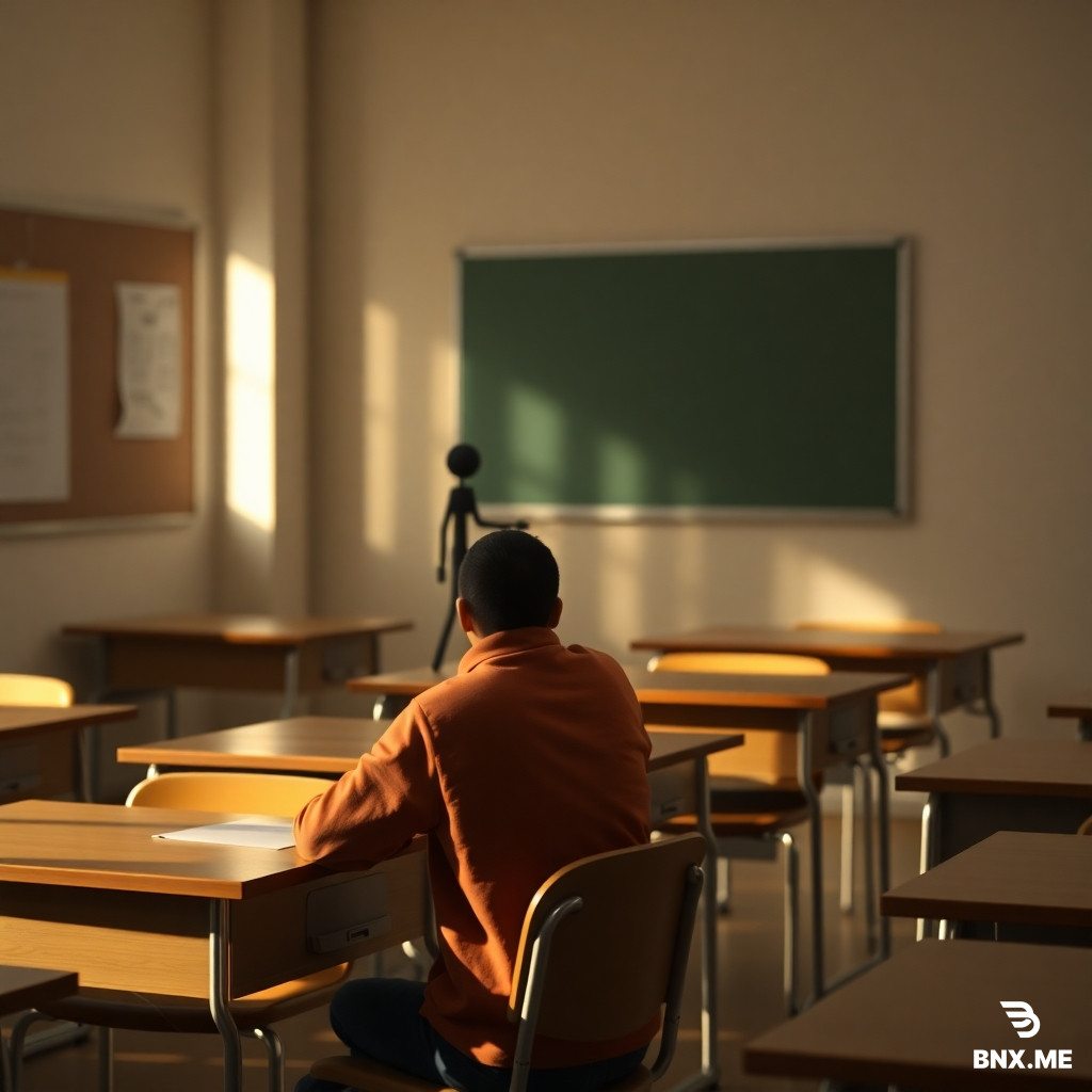Minimalist stickman classroom, student sitting quietly, cinematic zoom feeling, educational documentary style, soft lighting, vertical composition