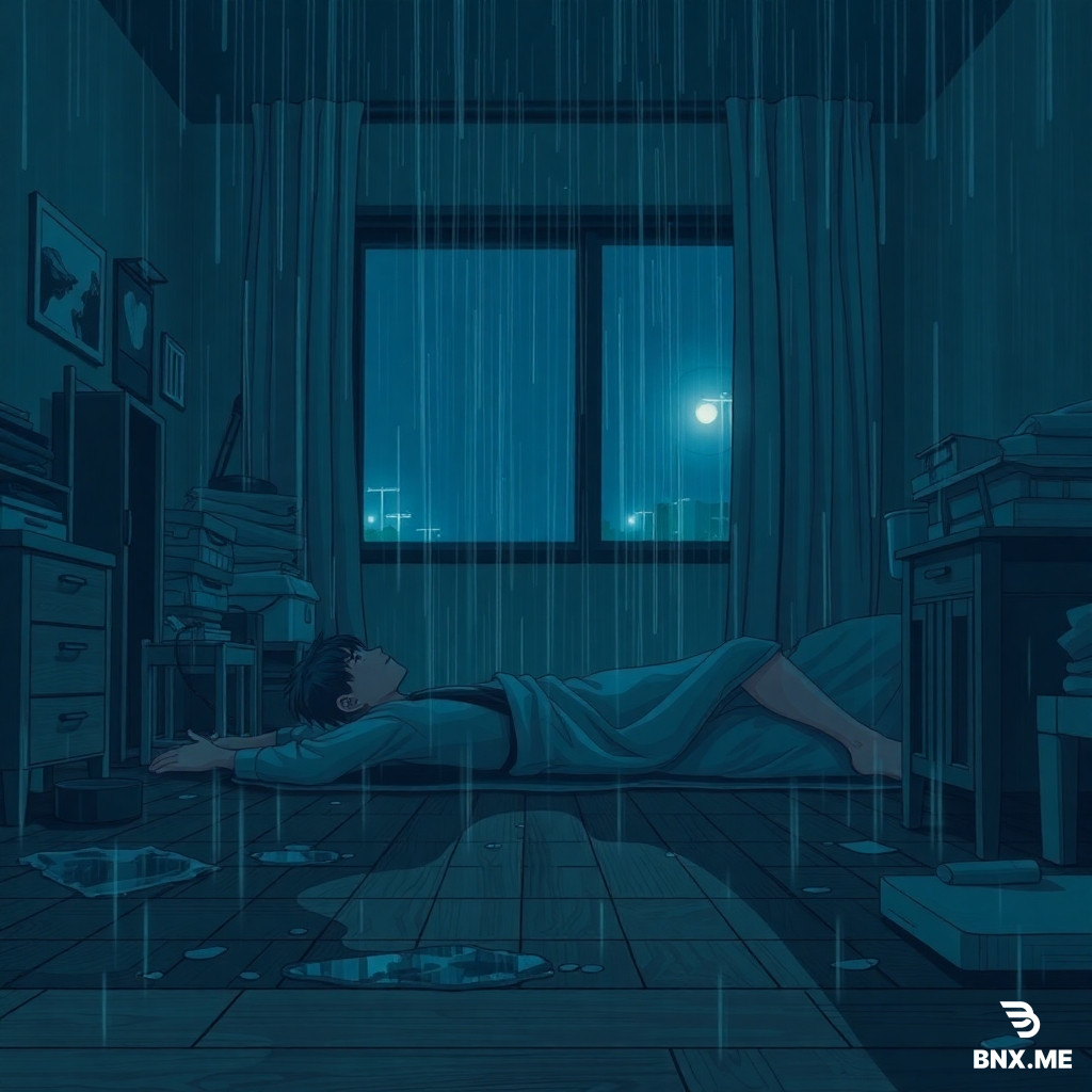 Wide shot of a dark messy bedroom, a young man lying on the wooden floor staring blankly at the ceiling, heavy rain streaming down the window pane, blue-grey moody lighting, puddles of water reflecting streetlights, anime style, emotional and lonely atmosphere.