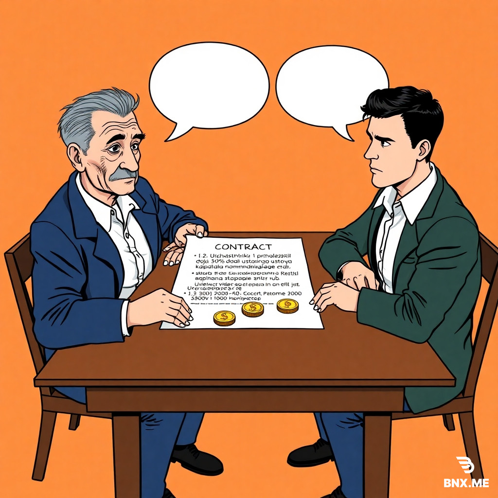 Colorful european comic book style, ligne claire, clear black ink outlines, flat colors, no shading, no gradients. Two men sitting at a wooden brown table facing each other. Left: elderly Sidorov (74 years old, thin face, deep wrinkles, gray hair combed back, tired eyes, dark blue jacket, white shirt). Right: young Petrov (24 years old, short dark hair, sharp jawline, serious cold expression, dark green jacket, white shirt). On the table between them: a large open contract with visible text "1.2. Uchastniku 1 prinadlezhit dolja 30% ustavnogo kapitala nominalnaja stoimost 3000 rub. Uchastniku 2 — dolja 10% nominalnaja stoimost 1000 rub." Next to the contract, two small piles of gold coins: three coins labeled "3000" and one coin labeled "1000". Above each man's head: an empty white speech bubble with thick black outline, completely empty inside, no text. No other people. Background pale orange. Flat colors, black ink.