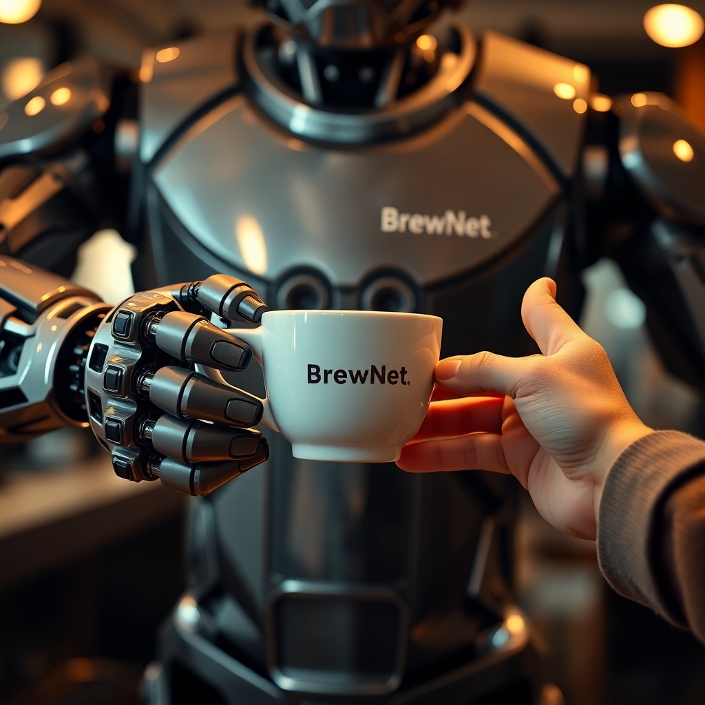 A cinematic, hyper-detailed poster of a futuristic robot barista handing a steaming ceramic cup of coffee to a human customer — extreme close-up on both sets of hands and fingers, showing mechanical articulation and soft, realistic human skin. The robot has a small logo on its chest that reads “BrewNet” in clean sans-serif, warm cinematic rim lighting, shallow depth of field, 8k detail, photorealistic, subtle film grain. Emphasize realistic fingers and correct anatomy, no extra or missing digits, no floating limbs. Include a faint cityscape bokeh in the background.
