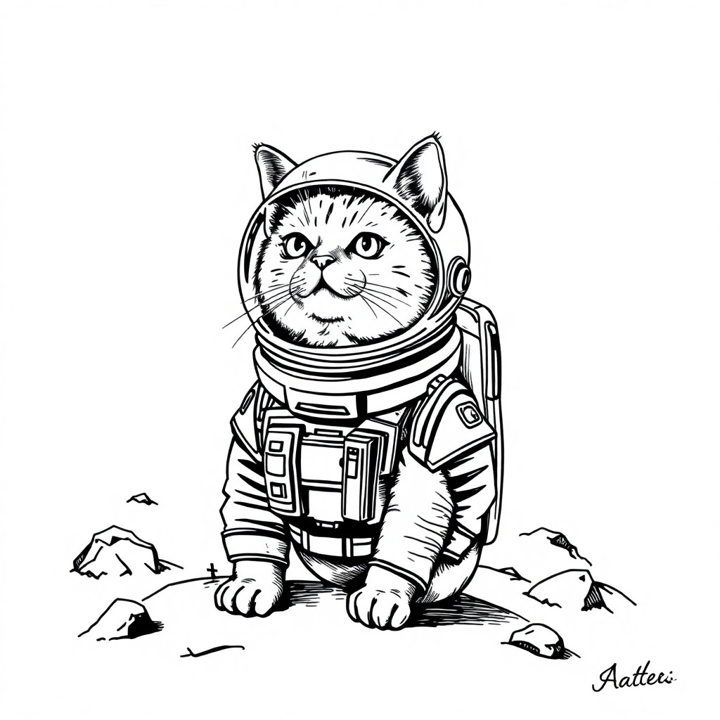 Generate a black and white ink sketch of a cat in a retro sci-fi spacesuit on Mars. High contrast, sharp black lines on white background, cross-hatching shading, engraving style.