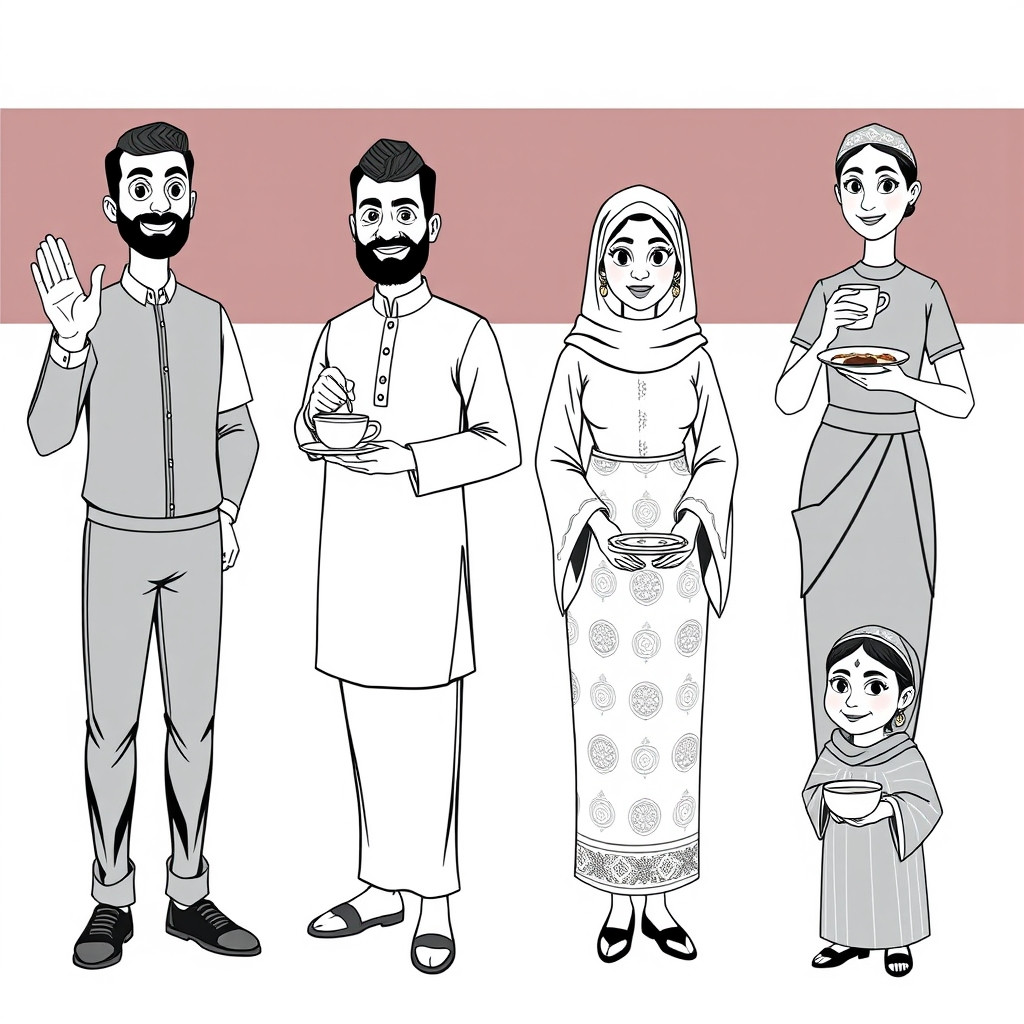 Create a professional black-and-white 2D vector character sheet for a Sudanese Nubian family restaurant brand.  Create the EXACT SAME married Nubian Sudanese couple as reusable brand characters. Keep their facial features, clothing, body proportions, hairstyles, traditional clothing and illustration style CONSISTENT across every pose.  Show the husband and wife in MULTIPLE DIFFERENT POSES arranged neatly in one character sheet.  HUSBAND POSES:  1. Standing naturally and smiling. 2. Greeting customers with one hand raised. 3. Holding and presenting a traditional Sudanese coffee dallah. 4. Pouring coffee into a small traditional coffee cup. 5. Holding a food plate and presenting it proudly. 6. Standing with both hands together in a welcoming pose.  WIFE POSES:  1. Standing naturally and smiling. 2. Smelling a delicious traditional food dish with a happy expression. 3. Holding and presenting a food plate. 4. Serving food with a welcoming gesture. 5. Holding a traditional coffee cup. 6. Greeting customers with one hand raised.  CHARACTER DESIGN: The husband wears a clean traditional white Nubian Sudanese jalabiya with a simple traditional cap. The wife wears an elegant traditional Nubian Sudanese tobe with a simple head covering.  They should look like a warm, dignified, loving married couple representing Sudanese Nubian culture, family, hospitality and togetherness.  STYLE: Minimalist professional 2D vector illustration. Clean bold black outlines. Simple geometric shapes. Smooth continuous lines. Flat solid black-and-white artwork. Elegant silhouettes. Minimal facial details. Friendly subtle smiles. Modern professional restaurant branding. Culturally authentic without exaggeration. No caricature. No photorealism. No 3D. No gradients. No shadows. No gray. No colors.  LAYOUT: Create a clean character pose sheet with each pose clearly separated and fully visible. Full-body characters. Consistent scale and proportions. White or transparent background. Each pose should be easy to isolate and reuse individually in social media posts, menus, packaging, signage and advertisements.  CRITICAL REQUIREMENT: The husband and wife must remain EXACTLY the same characters in every pose. Do not redesign their faces, clothes, proportions or appearance between poses.  NO TEXT. NO LOGO. NO RESTAURANT. NO BUILDINGS. NO BACKGROUND SCENERY. NO DECORATIVE ELEMENTS.