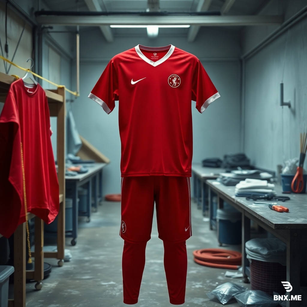 Realistic Pakistani football apparel factory photo.  Full RED FOOTBALL JERSEY AND PANTS fully visible top-down.  Same workshop environment with measuring tape, scissors and chalk visible around edges.  Natural workshop daylight with realistic shadows.  Authentic athletic fabric texture and seam details.  Only fictional randomly generated logo on jersey. No real company logos allowed.  No faces visible.  No cinematic effects, no CGI.