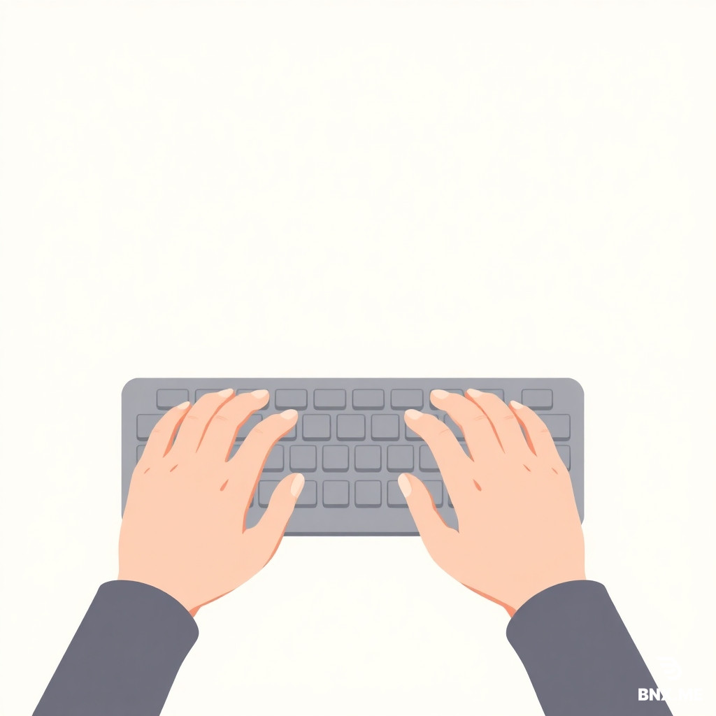 A minimalist illustration of two hands typing on a keyboard. Clean lines, soft beige and warm grey tones, paper-like texture background, simple and elegant, flat vector style, suitable for a website header, high quality.