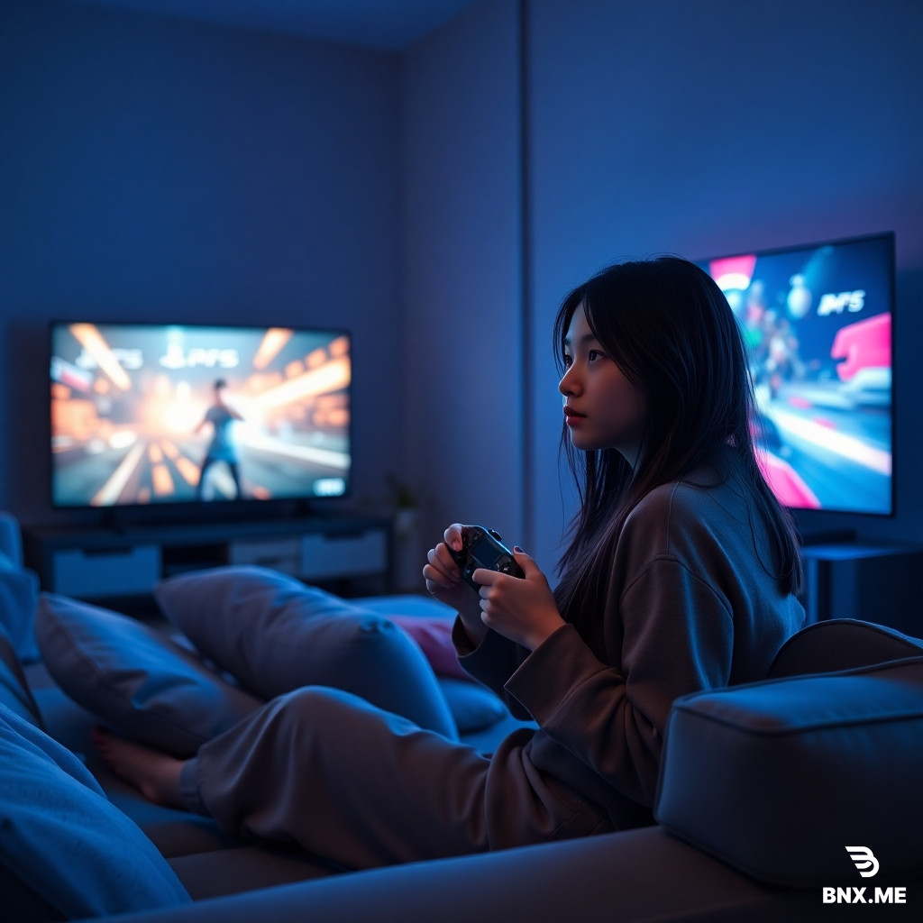 A photorealistic cinematic shot of a 22-year-old girl with long dark hair, wearing comfortable casual home clothes, sitting on a cozy modern sofa in a dimly lit living room, holding a PlayStation 5 controller in her hands, intensely focused on a large 4K TV screen showing a vibrant action game, blue and pink ambient light from the TV reflecting on her face and the room, realistic skin texture, natural expression, detailed room environment with a PS5 console visible near the TV, soft background blur, high-end photography style, 8k, hyper-detailed, sharp focus, cinematic color grading, no cartoon style, no sci-fi elements, realistic everyday scene