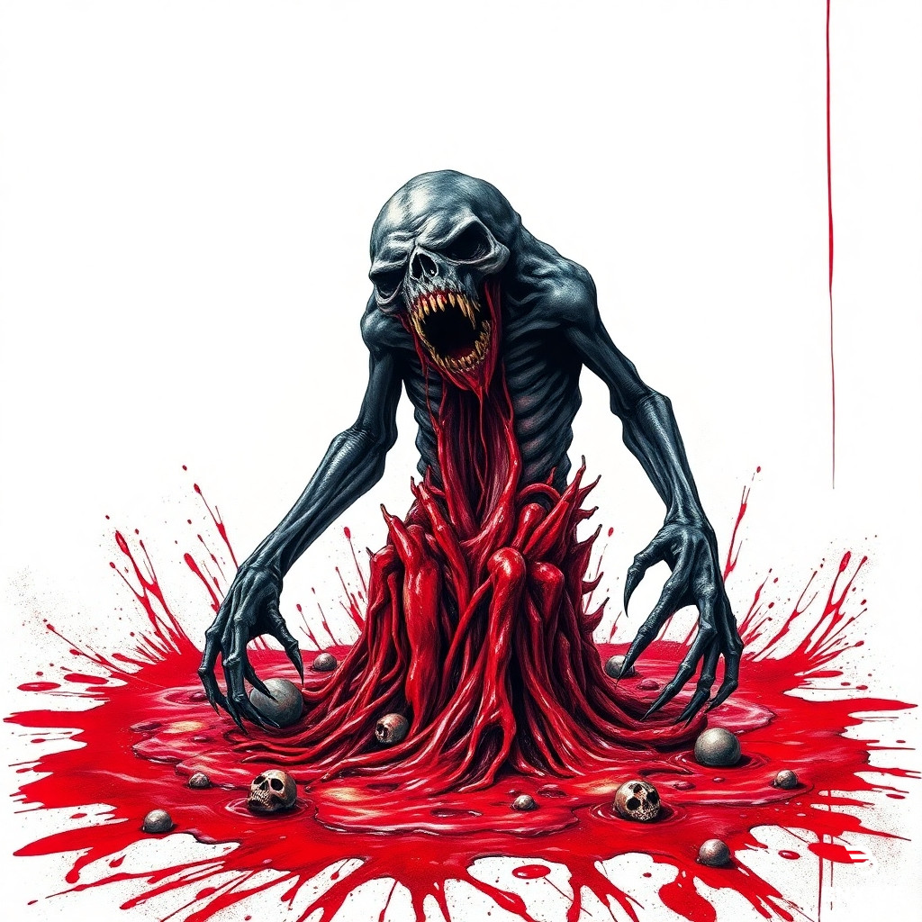 "gore-drenched cadaverous monster rising from pools of viscera, visceral dissection artwork, anatomical horror, splattered blood, corpse paint aesthetic, high contrast black and red, brutal typography space"*