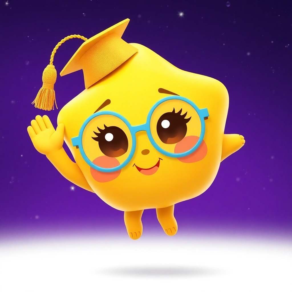 "3D animated cute golden star character Lumi with oversized round baby-blue glasses slightly crooked on face, tiny tilted graduation cap with dangling gold tassel, big round brown eyes with long eyelashes and shiny catchlights, rosy pink cheeks, small heart-shaped smile, short chubby arms with rounded tiny fingers, stubby legs with tiny toes, floating in from left of deep purple night sky with twinkling stars, waving at camera, happy spin, giggling expression, Pixar/Illumination animation style, soft volumetric rim lighting, vibrant preschool colors, glossy textures, high detail, 8k resolution, bright cheerful expression, vertical 9:16, white background with soft drop shadow for PNG transparency."