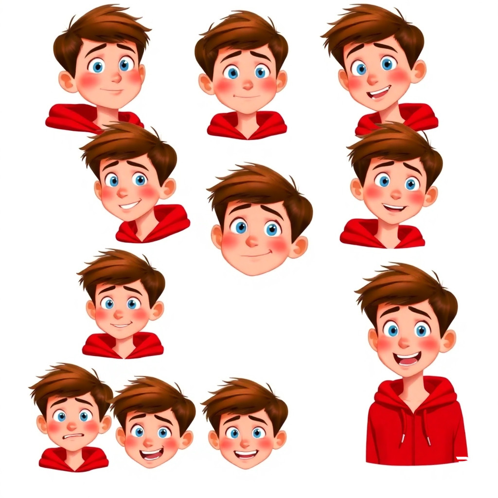 "A character sheet of a young man with short brown hair and blue eyes, wearing a red hoodie. Show him in 12 different expressions: happy, sad, angry, surprised, scared, and laughing. Pixar movie style, white background, high quality."