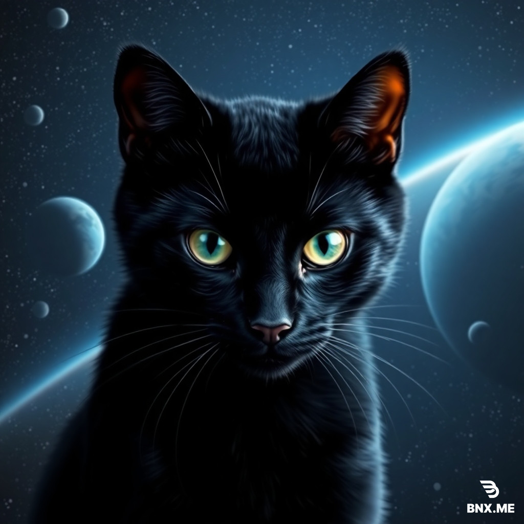 Create a stunning realistic portrait of a black cat in interplanetary space.