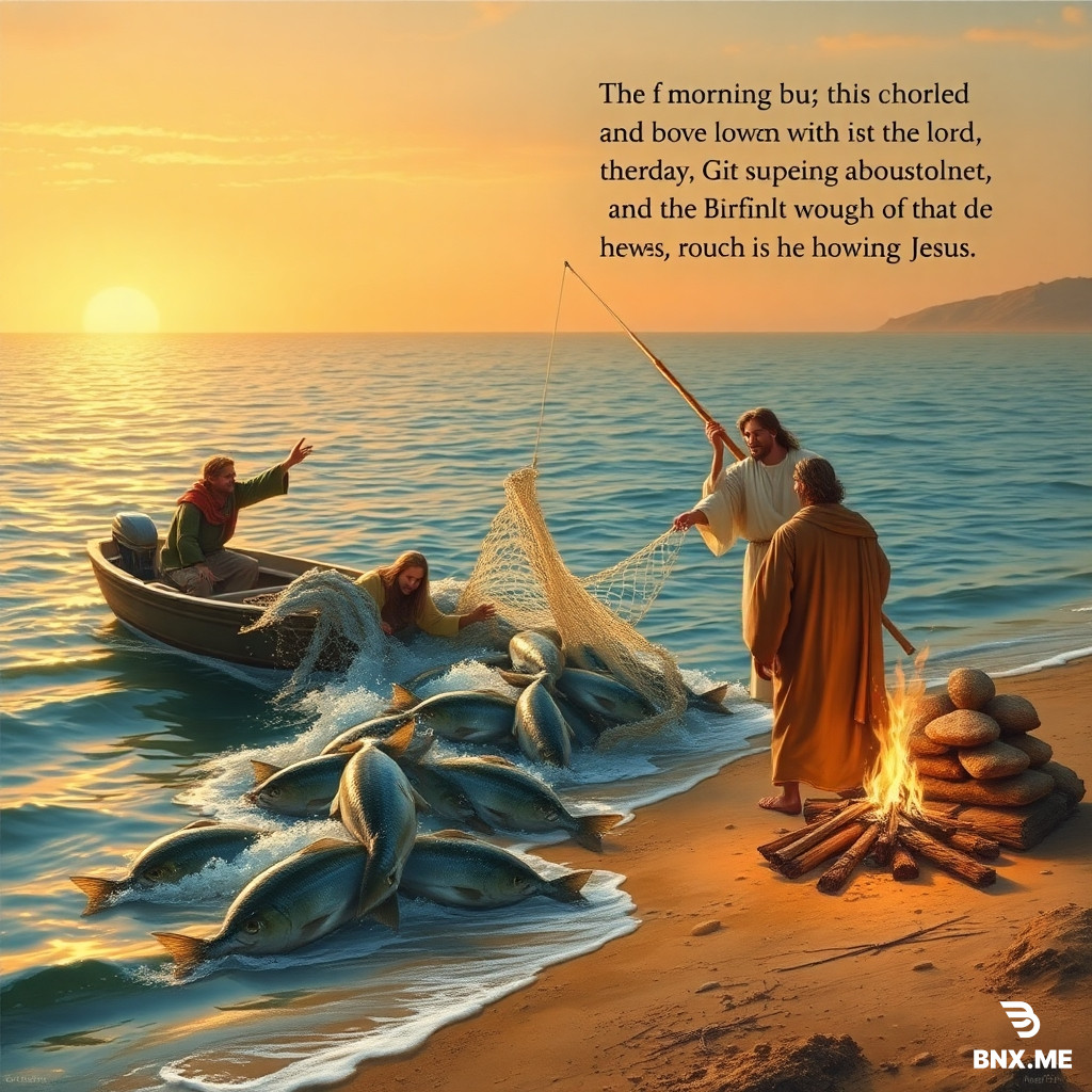 Biblical scene from John chapter 21, early morning on the Sea of Galilee. A small fishing boat is near the shore. Several disciples are struggling to pull a net overflowing with large fish. One disciple (John) points toward the shore and says, "It is the Lord!" Another disciple, Peter, with a look of joyful recognition, wraps his outer tunic around himself and dives headfirst into the shallow water, splashing as he swims toward Jesus. On the shore, a glowing figure in white (Jesus) stands near a charcoal fire with bread and fish. The sky is warm sunrise, golden light, realistic painting style, reverent and dramatic.