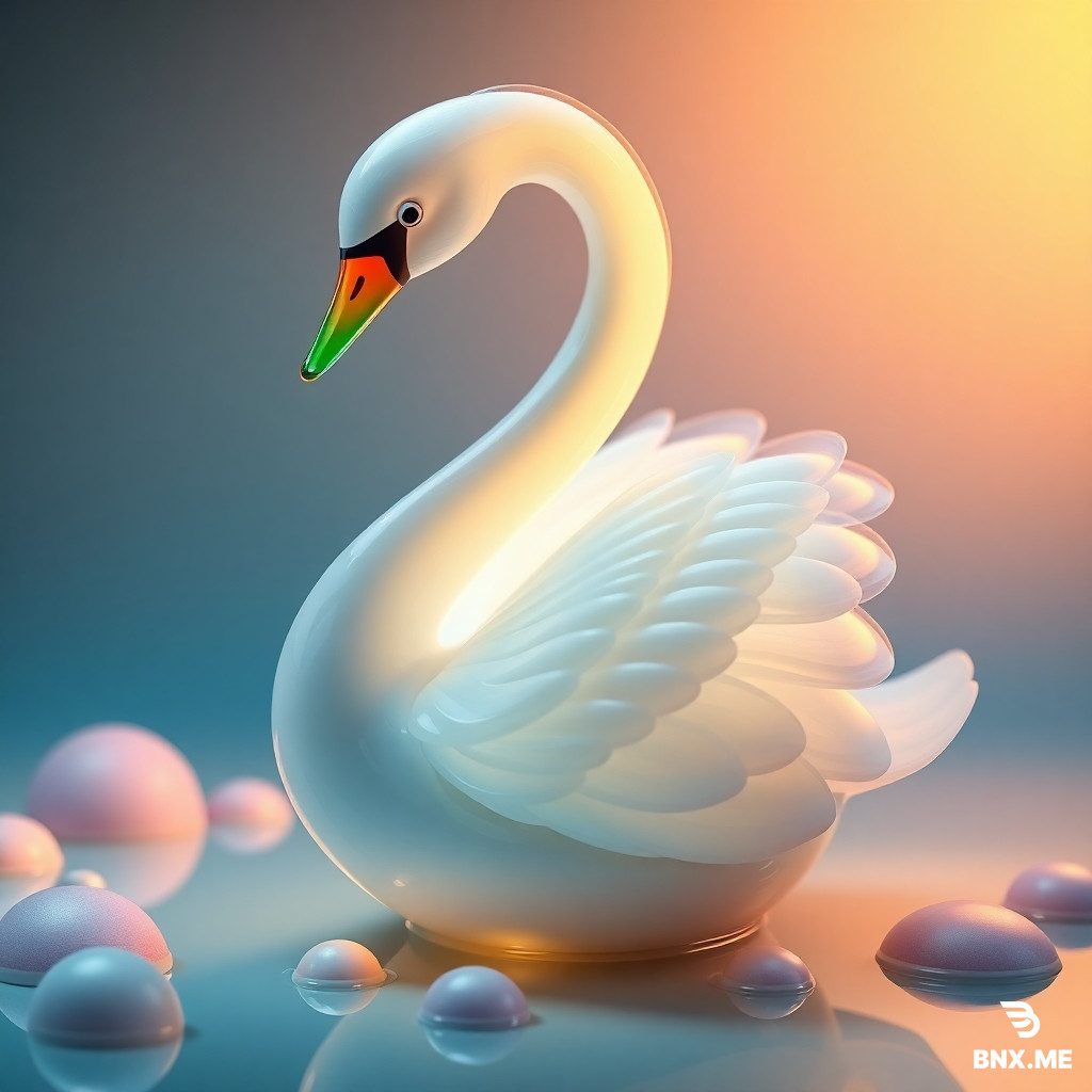 3D porcelain swan with rainbow glass beak and spiral feathers, standing on pastel ice cream pond, glowing softly from inside, high fashion surreal tone.