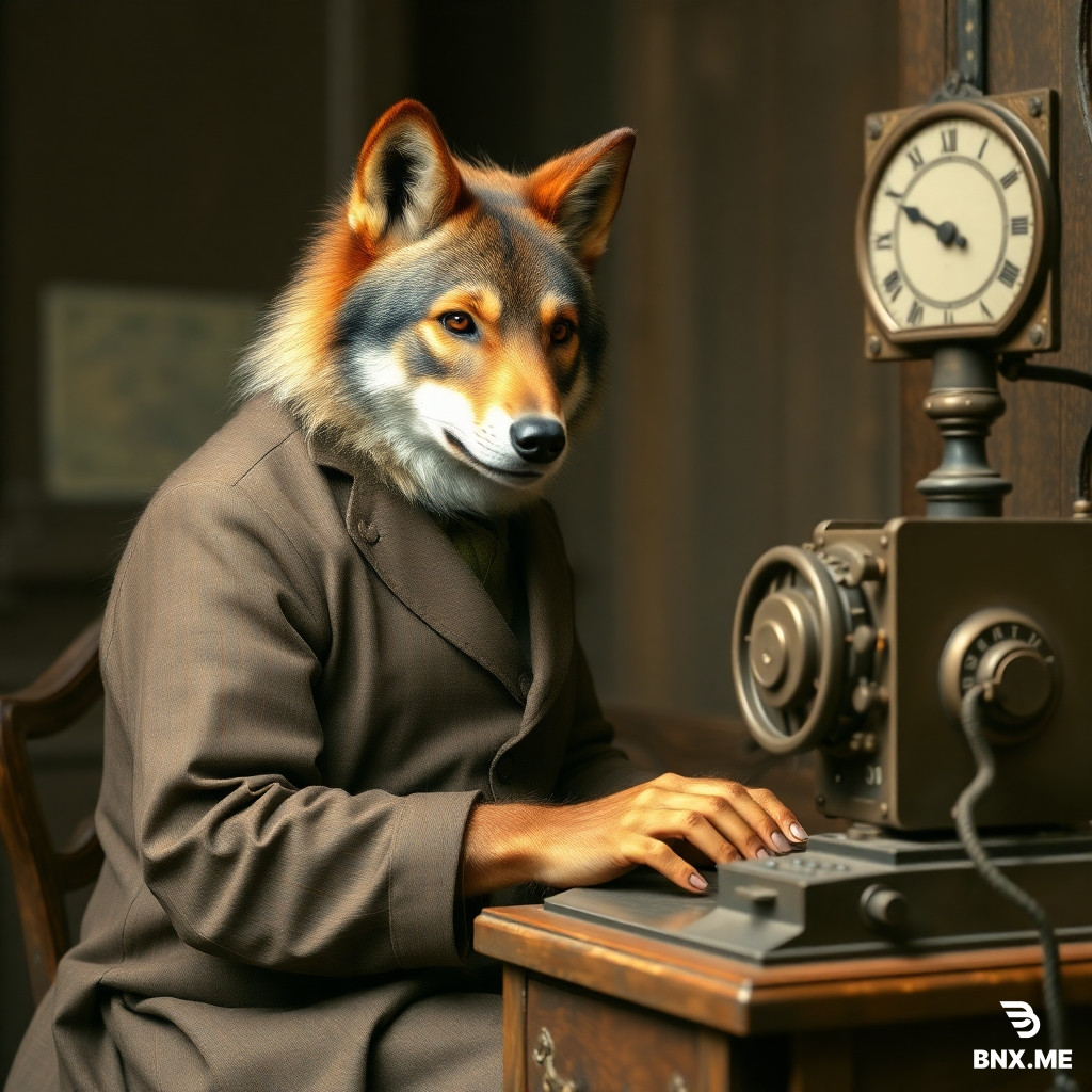 a wolf dressed up as a telegraph operator, operating a telegraph machine