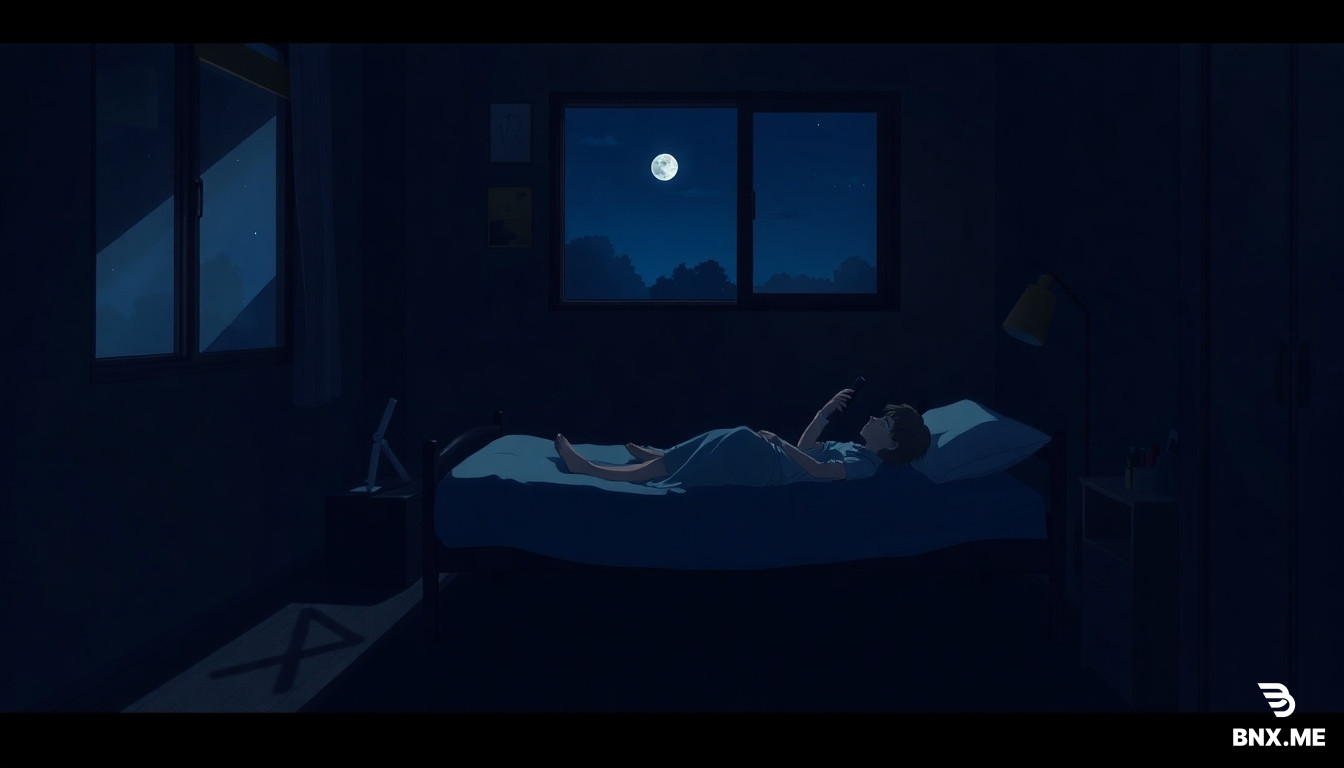 anime cinematic illustration, Makoto Shinkai style, dark dormitory room at night, moonlight streaming through window casting shadows, a university student lying on bed looking at phone, U-shaped valley shadow on the floor, X-shaped crossroads shadow on the wall, melancholic atmosphere, deep blue night colors, lonely mood, detailed interior, widescreen 16:9 composition