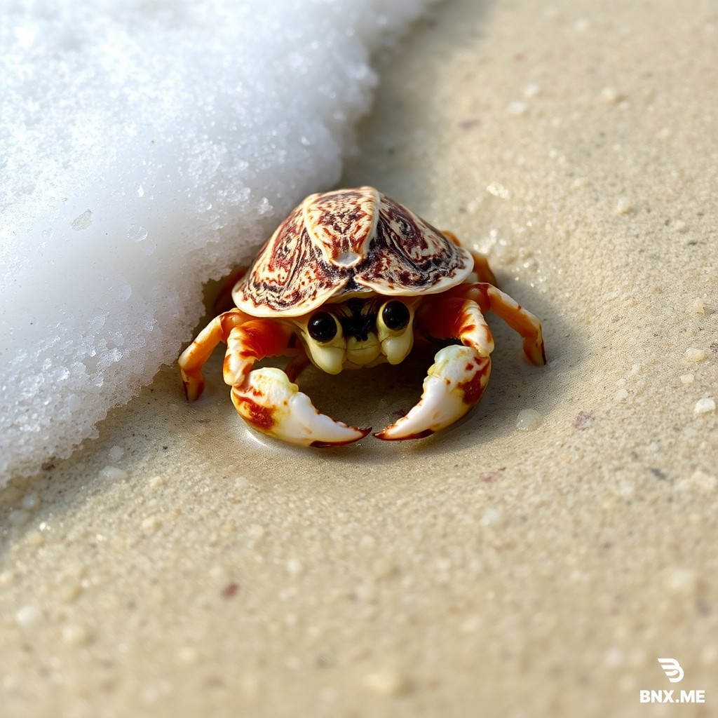 Close-up photograph of a hermit crab nestled in wet sand, with sea foam nearby and the details of its shell and texture of the sand accentuated.