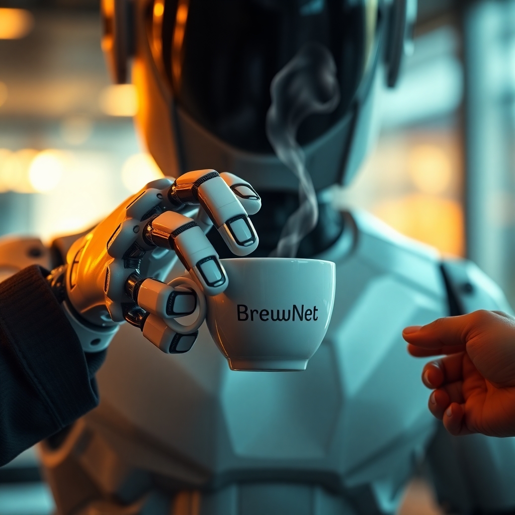 A cinematic, hyper-detailed poster of a futuristic robot barista handing a steaming ceramic cup of coffee to a human customer — extreme close-up on both sets of hands and fingers, showing mechanical articulation and soft, realistic human skin. The robot has a small logo on its chest that reads “BrewNet” in clean sans-serif, warm cinematic rim lighting, shallow depth of field, 8k detail, photorealistic, subtle film grain. Emphasize realistic fingers and correct anatomy, no extra or missing digits, no floating limbs. Include a faint cityscape bokeh in the background.