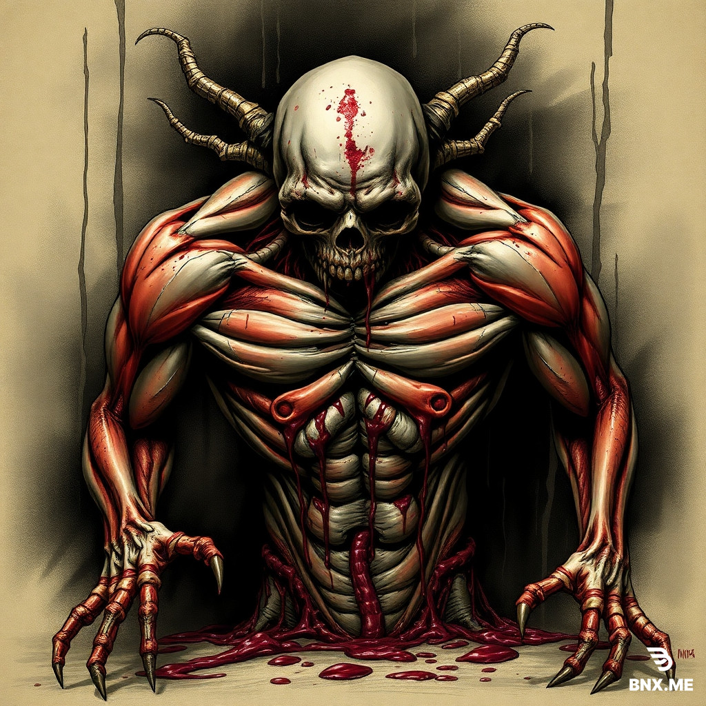 "decaying fleshy abomination with exposed musculature and torn organs, biomechanical gore fusion, dripping blood, ultra-dark atmosphere, slam death metal aesthetic"