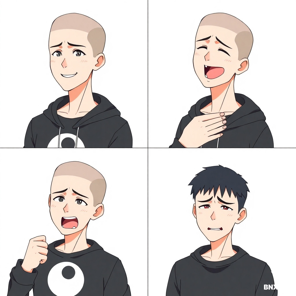 Anime style, moderate, not exaggerated. A 20-year-old young man with a buzz cut (almost bald, very short dark hair, scalp visible). Wearing a black hoodie with a simple white print (e.g. a moon or geometric shape). White background.  The image is divided into 4 equal parts by thin black lines (2x2 grid). Same character from chest up in each part, but different emotions and hand poses:  Top left: calm expression with a gentle smile, relaxed eyes, arms crossed on chest. Top right: laughing hard (wide open mouth, squinted eyes), one hand on stomach, other hand raised in a "stop" gesture. Bottom left: angry (furrowed brows, tight lips), clenched fists raised in front of chest. Bottom right: upset (downturned mouth, sad eyes), arms hanging loosely, shoulders slightly slouched.  Clean lineart, flat cell shading, plain white background, no shadows, no text. 4-in-1 composite image.
